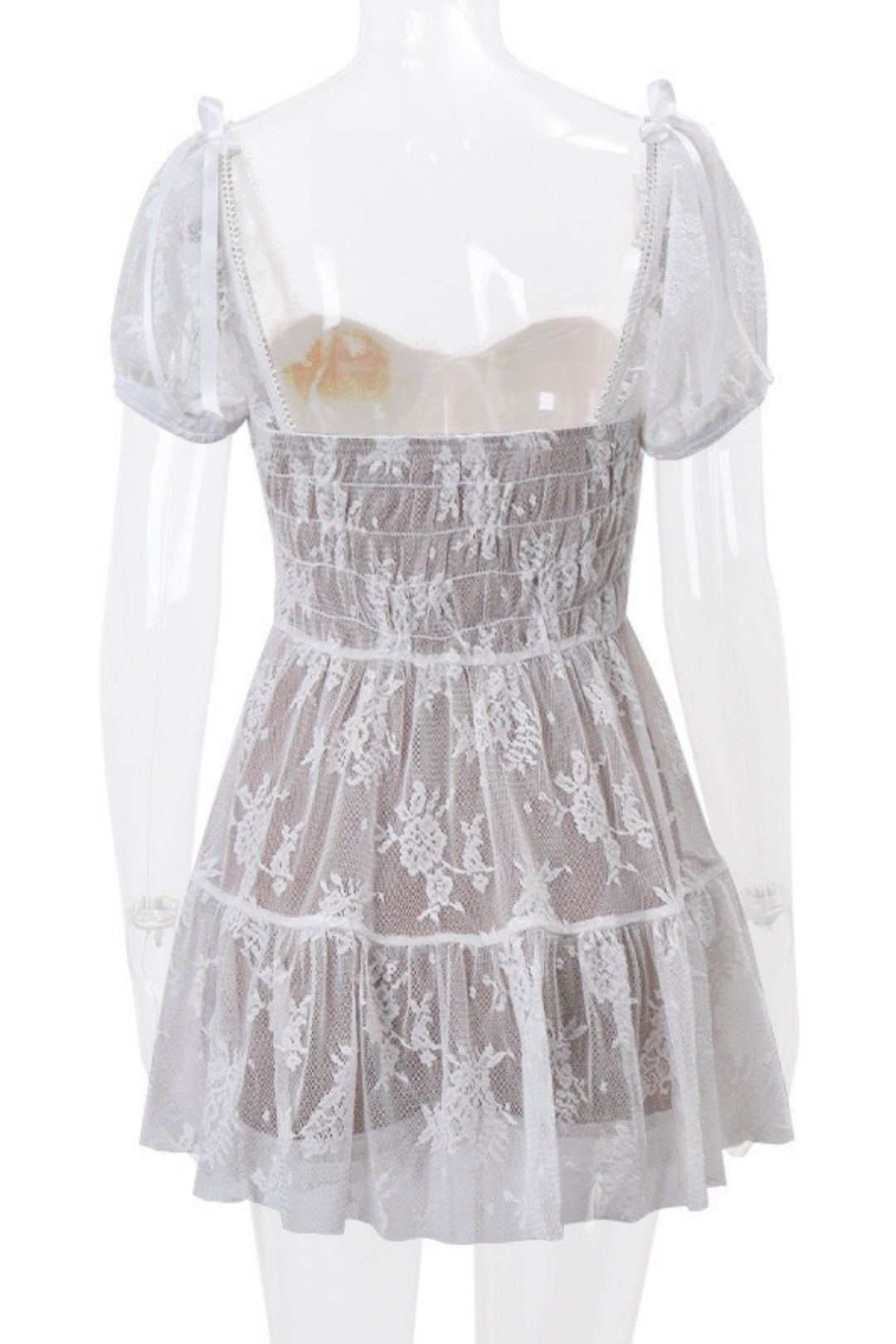 Square Neck Mesh Waist Puff Sleeve Short Sleeve Dress