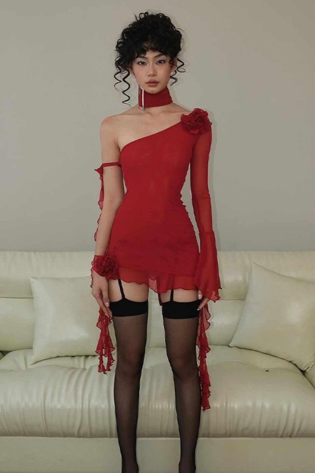 Flower Mesh Stitching Long-sleeved Dress
