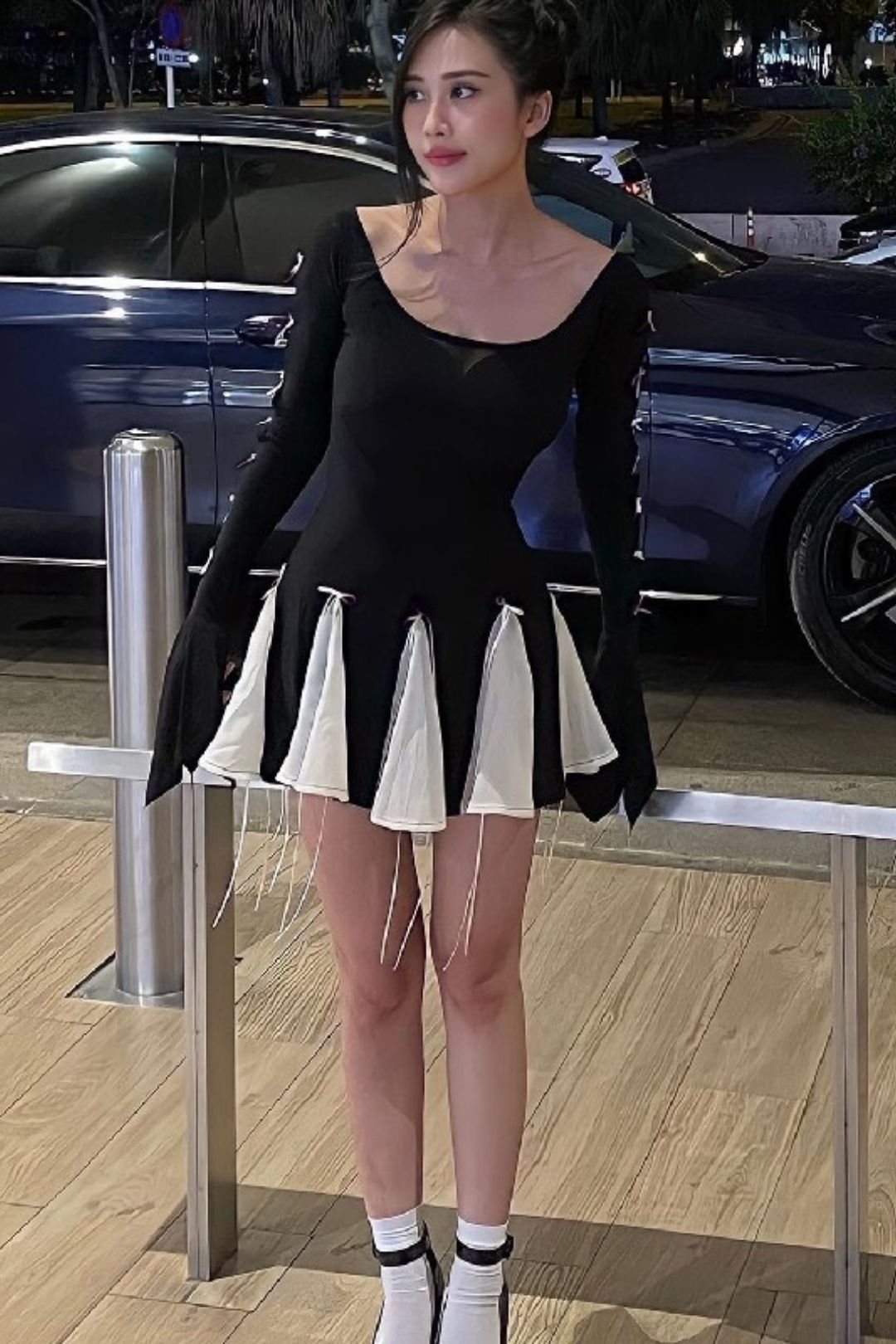 Tie Bell Sleeve Long Sleeve Dress