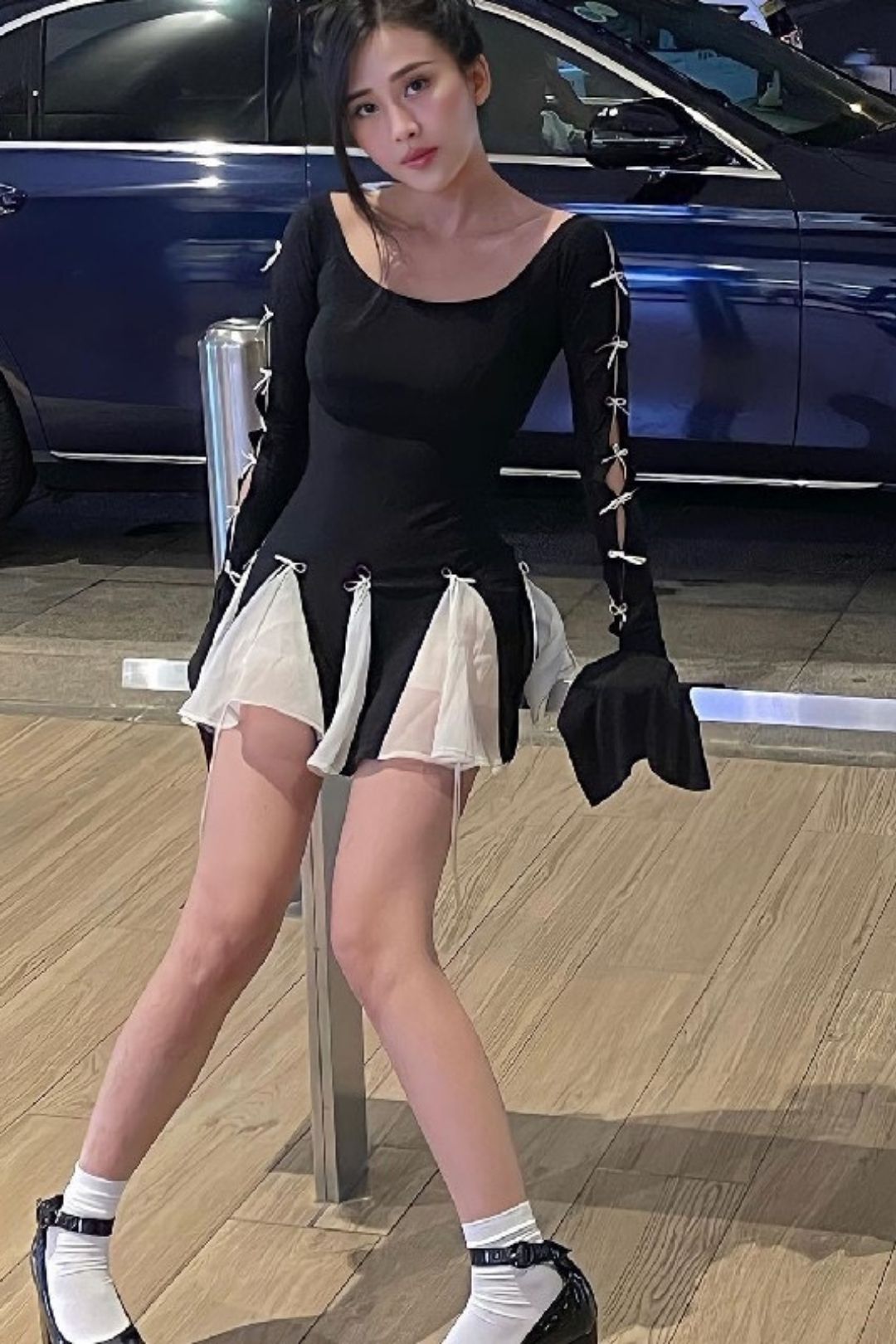 Tie Bell Sleeve Long Sleeve Dress