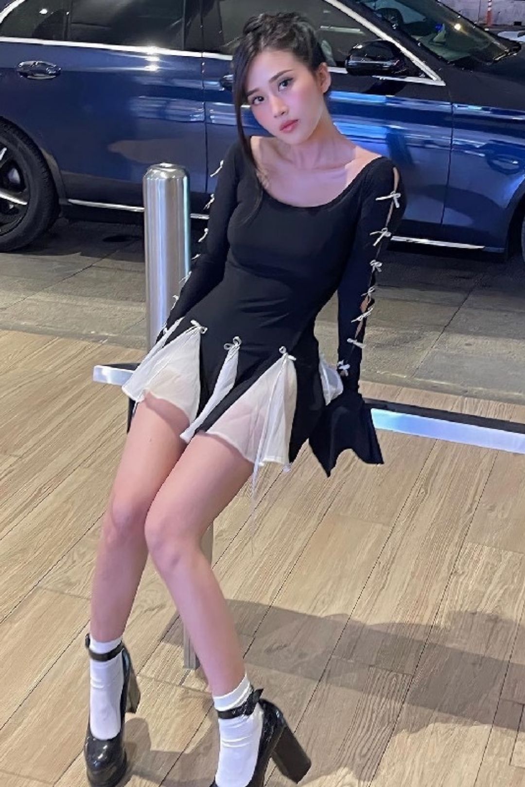 Tie Bell Sleeve Long Sleeve Dress