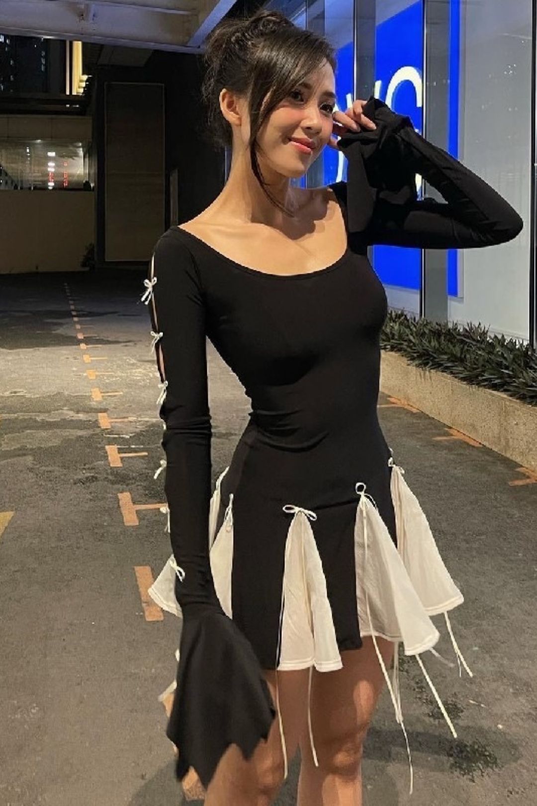 Tie Bell Sleeve Long Sleeve Dress