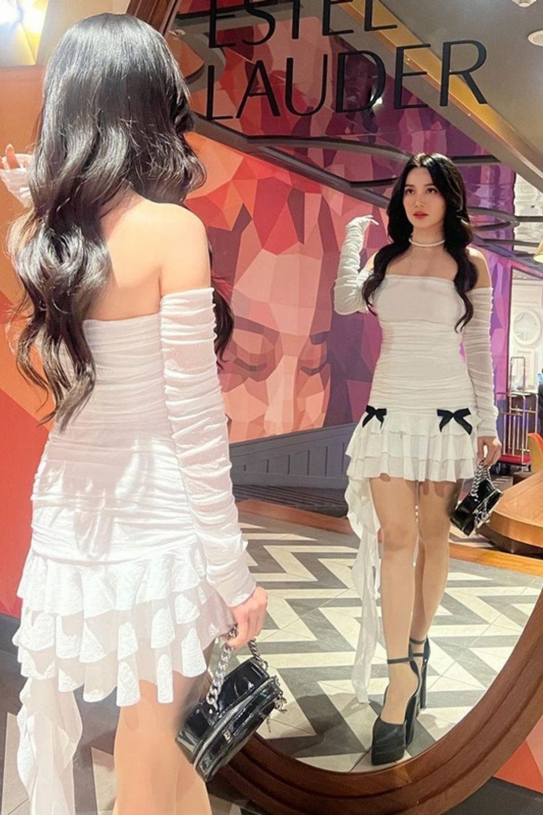 One-line Collar Tube Top Pleated Long-sleeved Lotus Leaf Dress