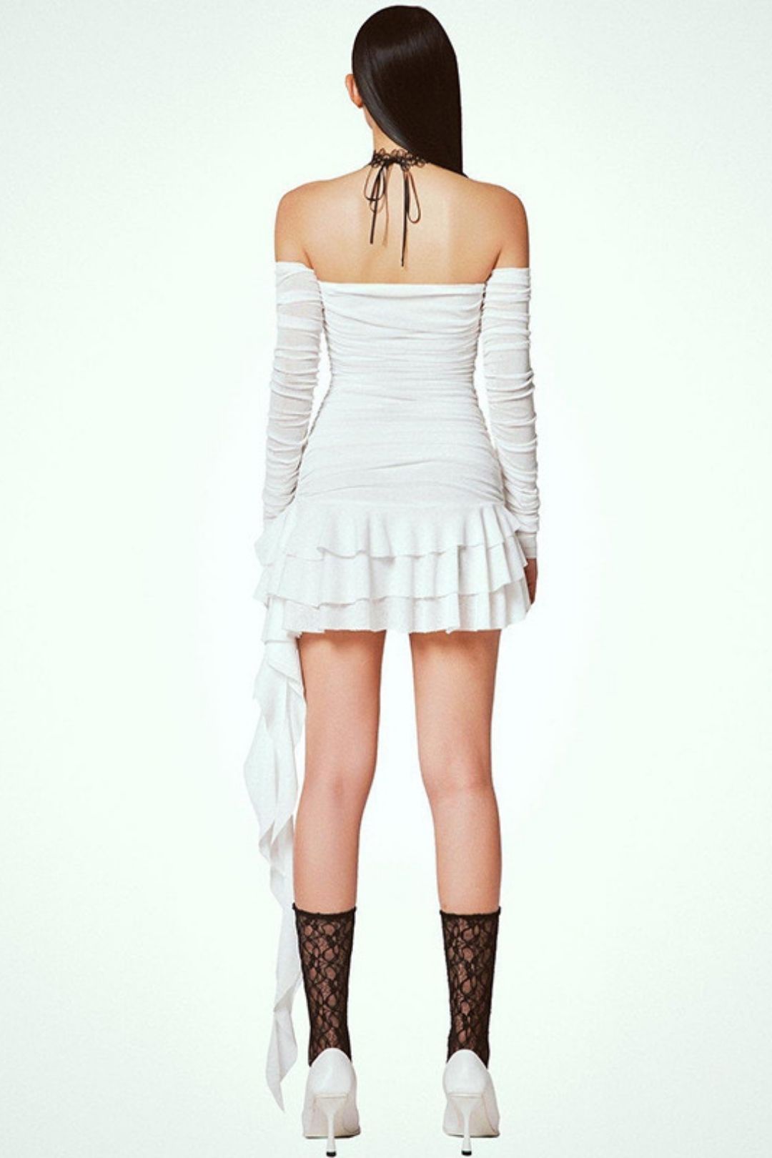 One-line Collar Tube Top Pleated Long-sleeved Lotus Leaf Dress