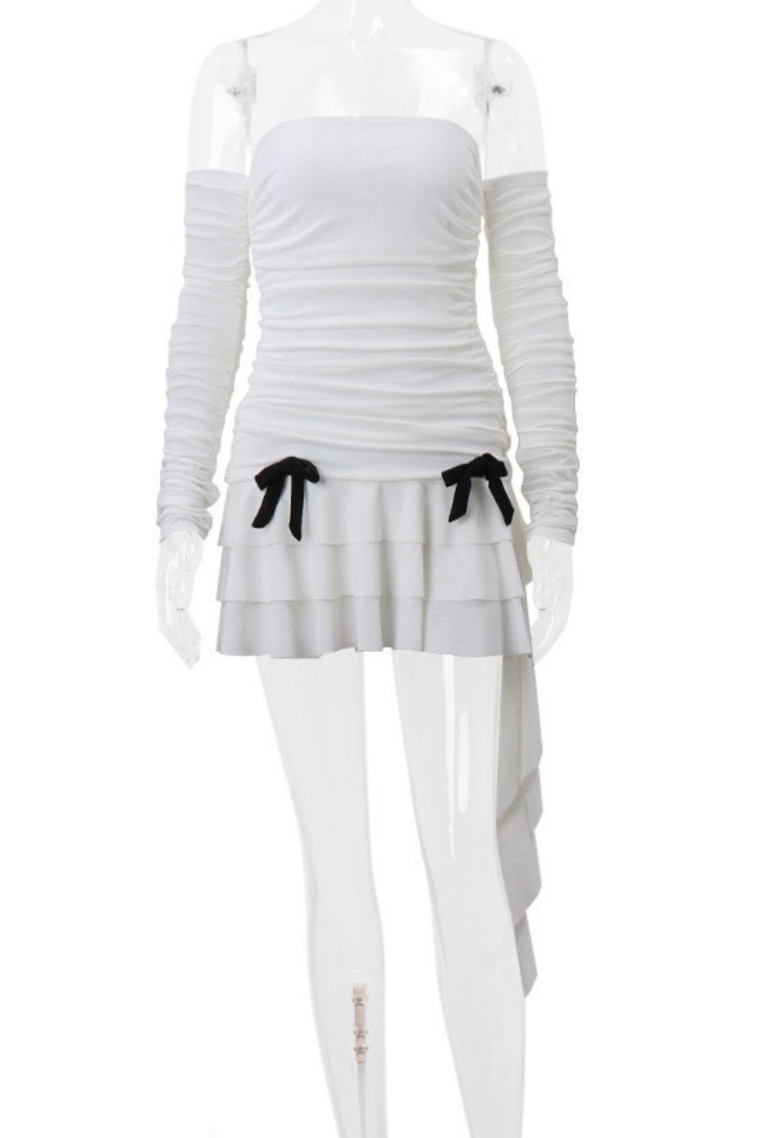 One-line Collar Tube Top Pleated Long-sleeved Lotus Leaf Dress