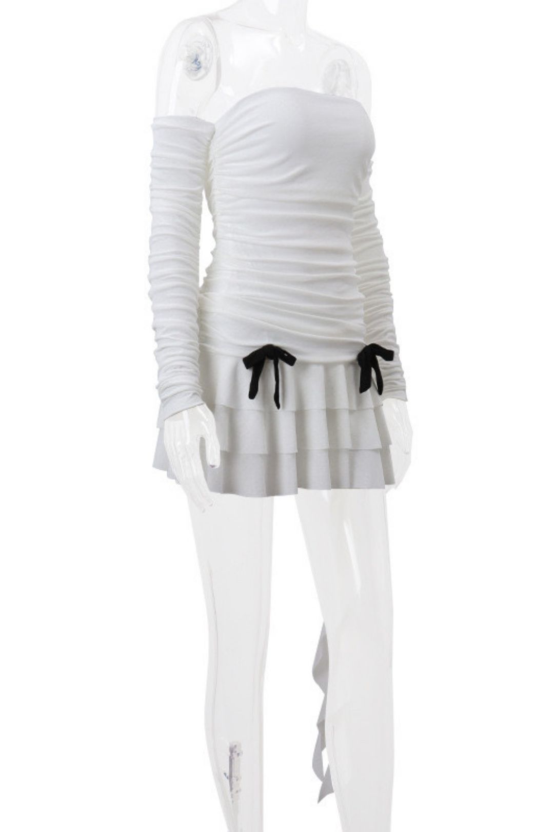 One-line Collar Tube Top Pleated Long-sleeved Lotus Leaf Dress