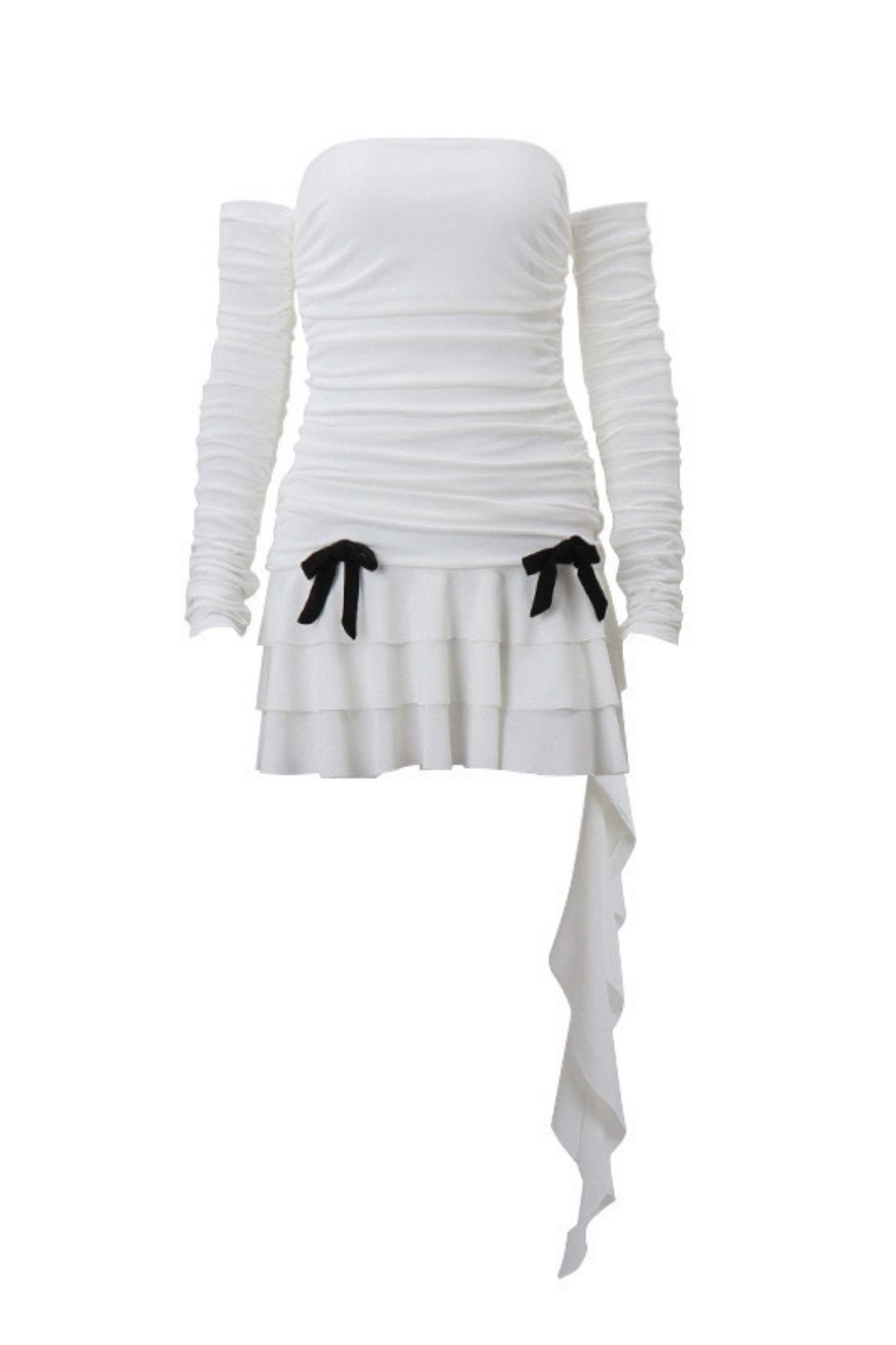 One-line Collar Tube Top Pleated Long-sleeved Lotus Leaf Dress