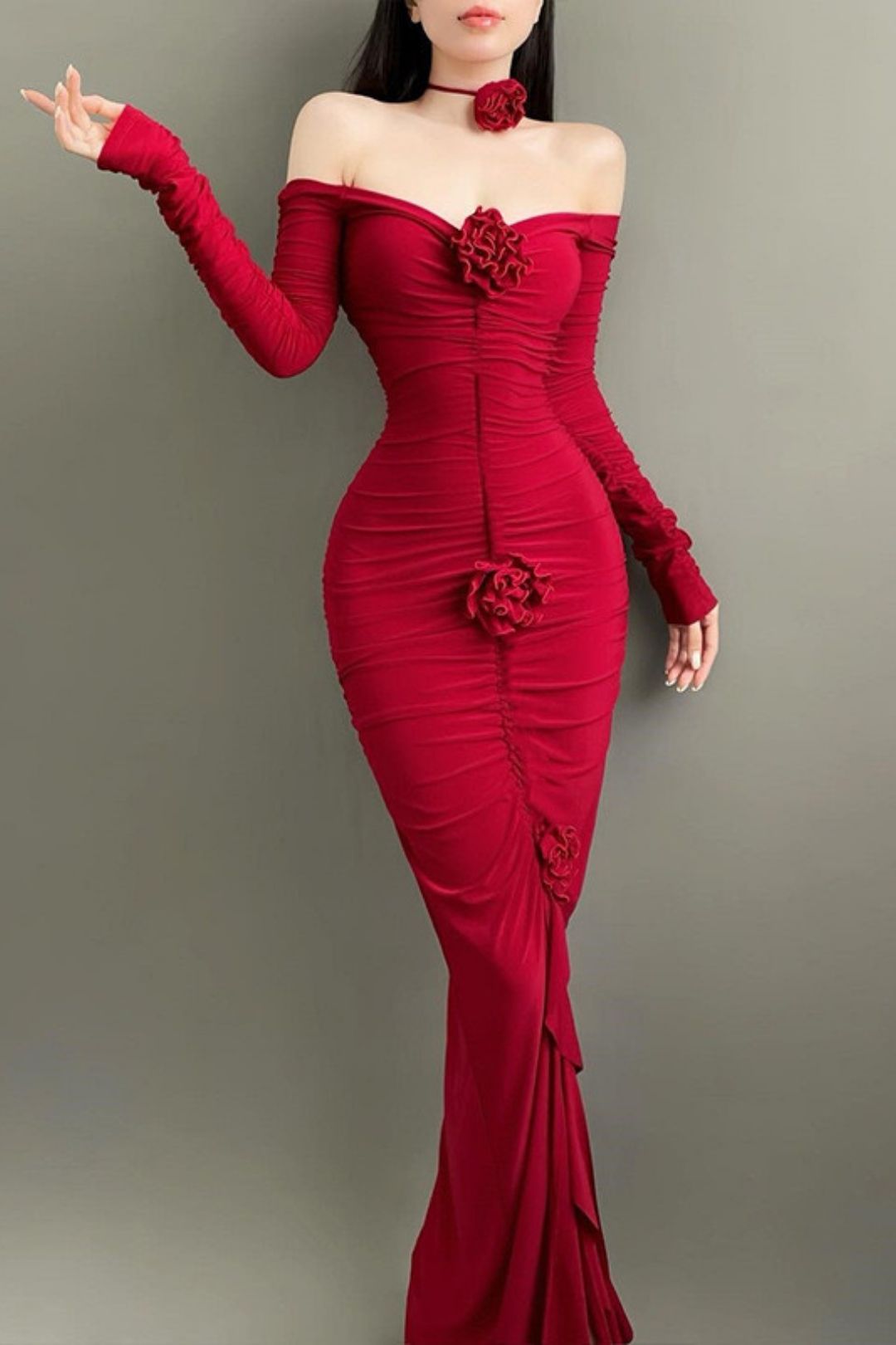 One-shoulder Flower Pleated High-waisted Slim-fitting Slit Long-sleeved Dress