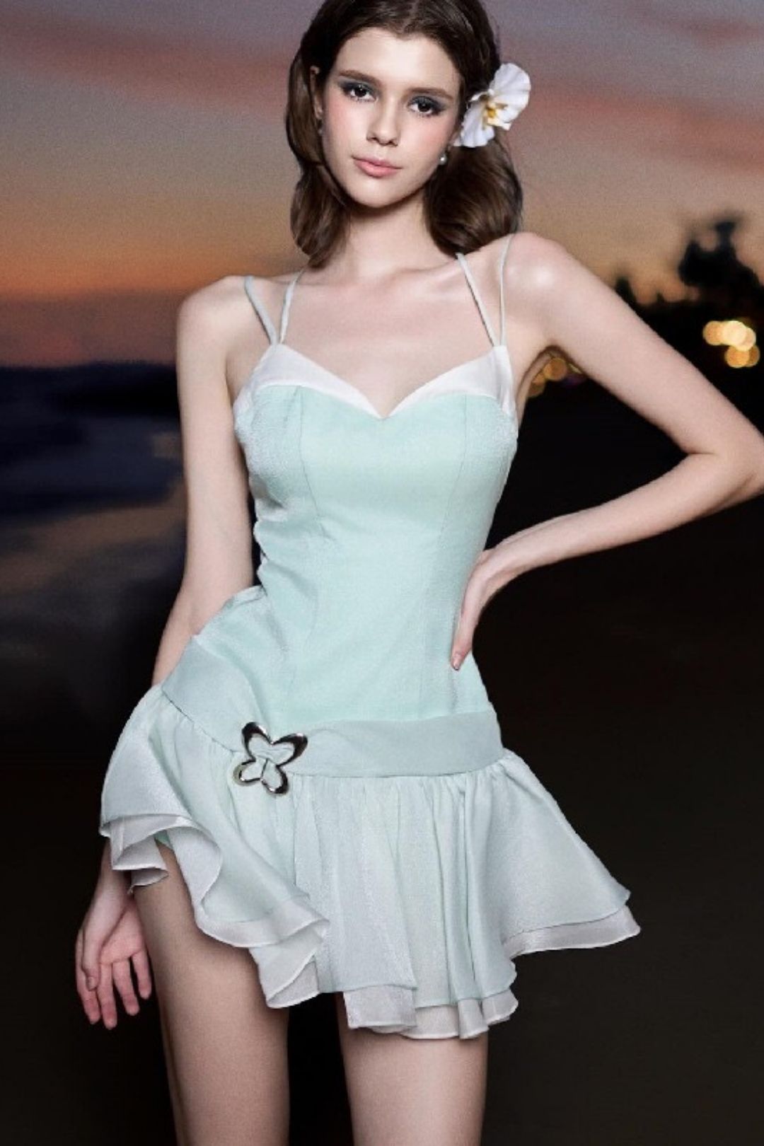 Sweet V-neck Butterfly Decoration Contrasting Halterneck Suspender Dress