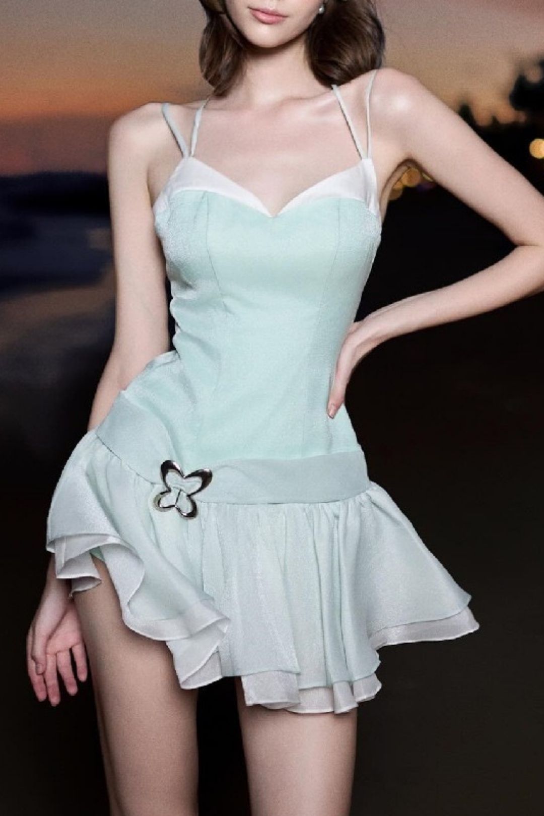 Sweet V-neck Butterfly Decoration Contrasting Halterneck Suspender Dress
