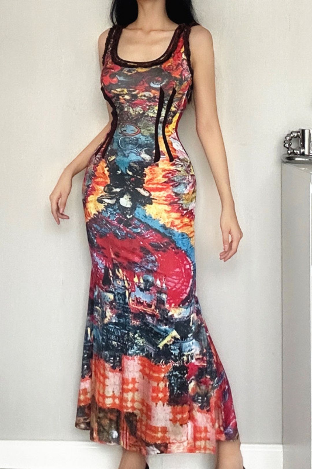 Printed U-neck High Waist Suspender Dress