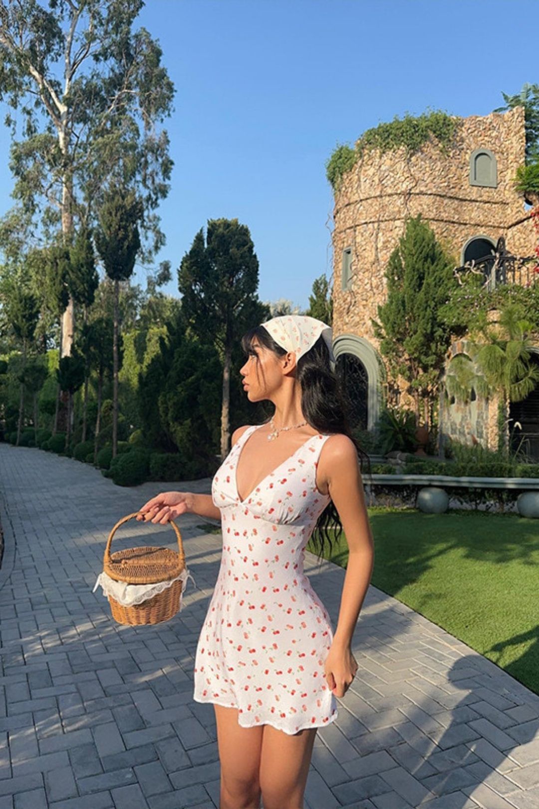 V-neck Cherry Print Slim Hip Sleeveless Vest Dress