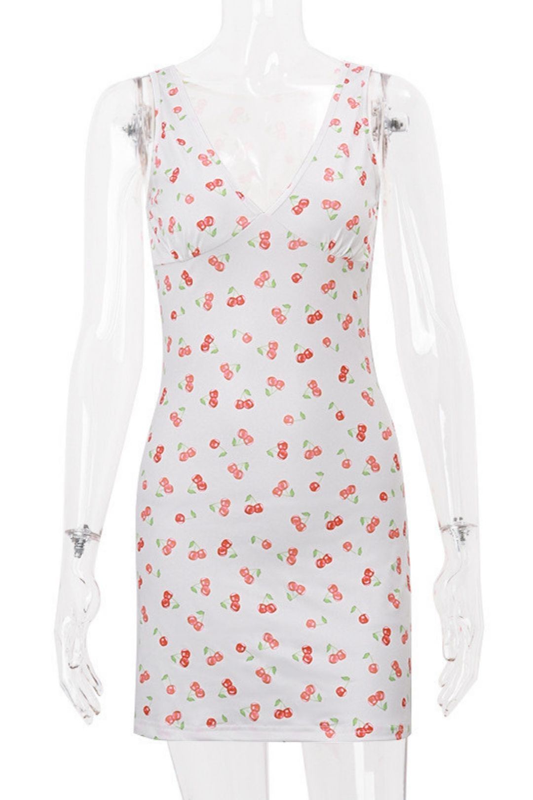 V-neck Cherry Print Slim Hip Sleeveless Vest Dress