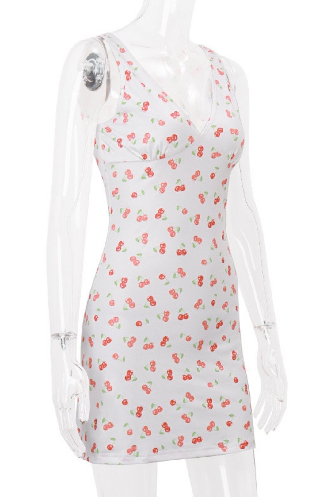 V-neck Cherry Print Slim Hip Sleeveless Vest Dress