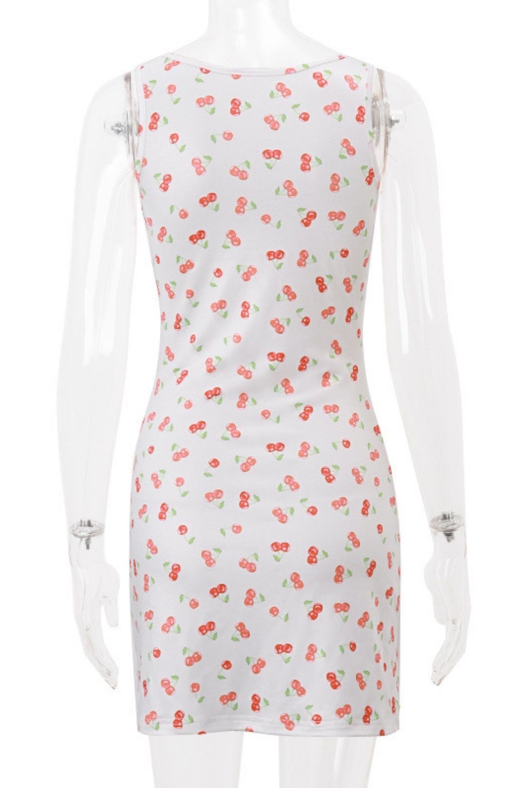 V-neck Cherry Print Slim Hip Sleeveless Vest Dress