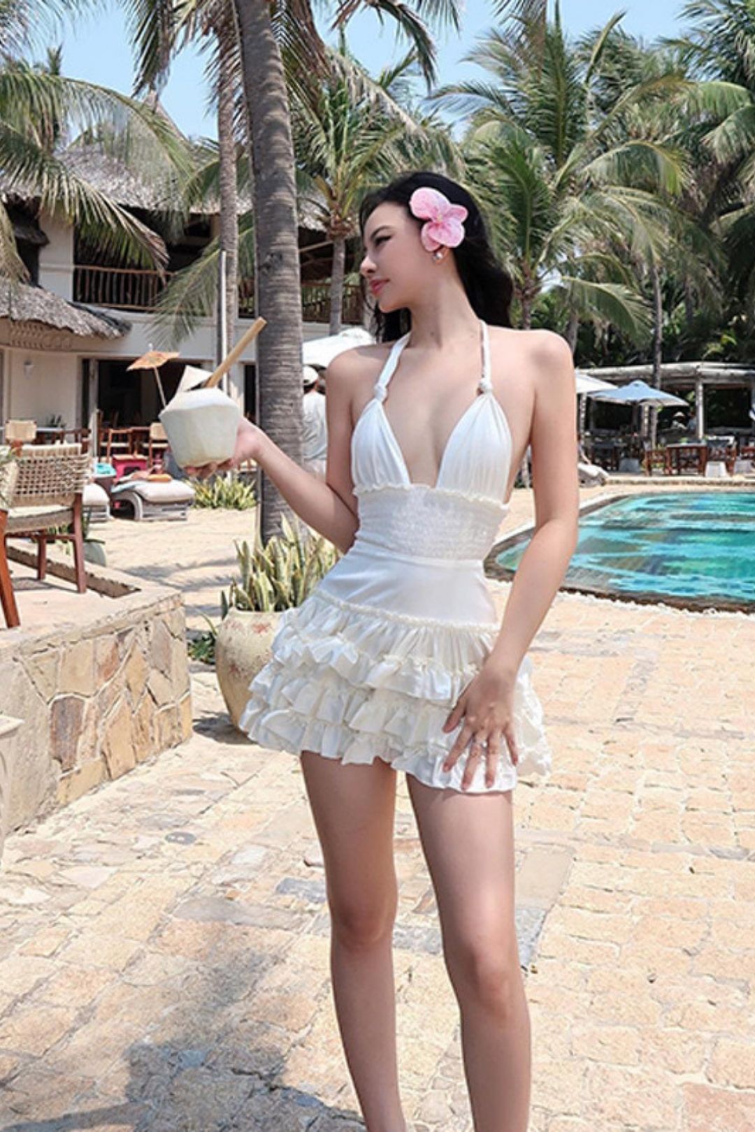 Spicy V-neck Backless Beach Dress Waist Slimming Halterneck Dress