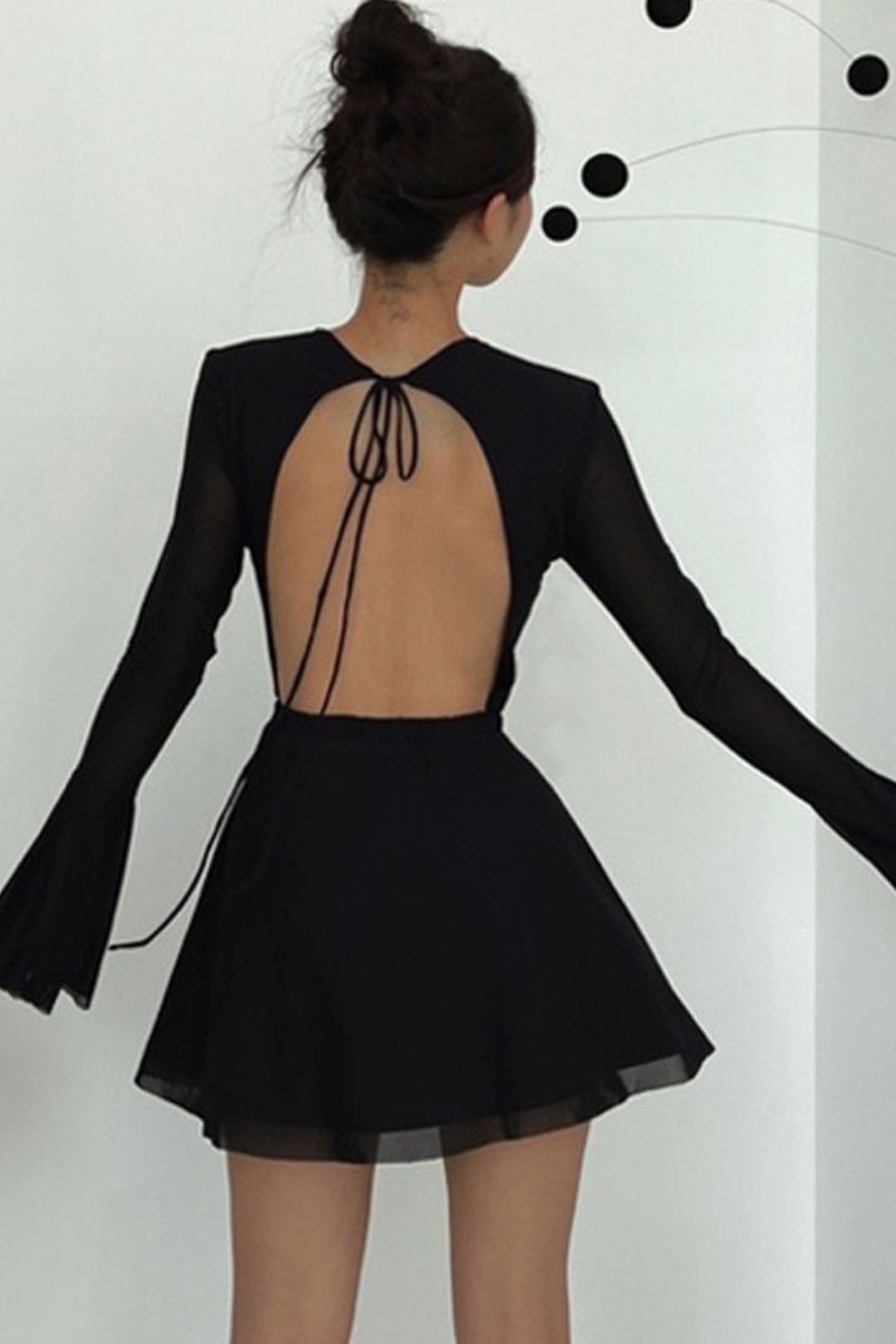 Round Neck Trumpet Long Sleeve Mesh Dress