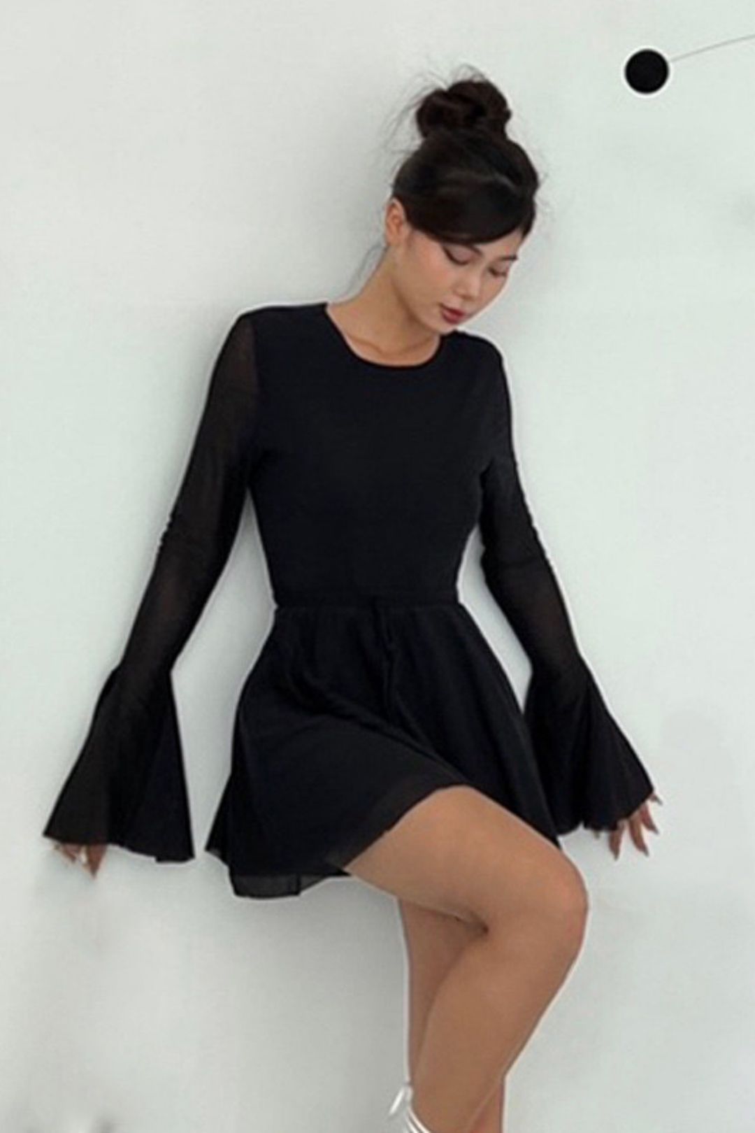 Round Neck Trumpet Long Sleeve Mesh Dress