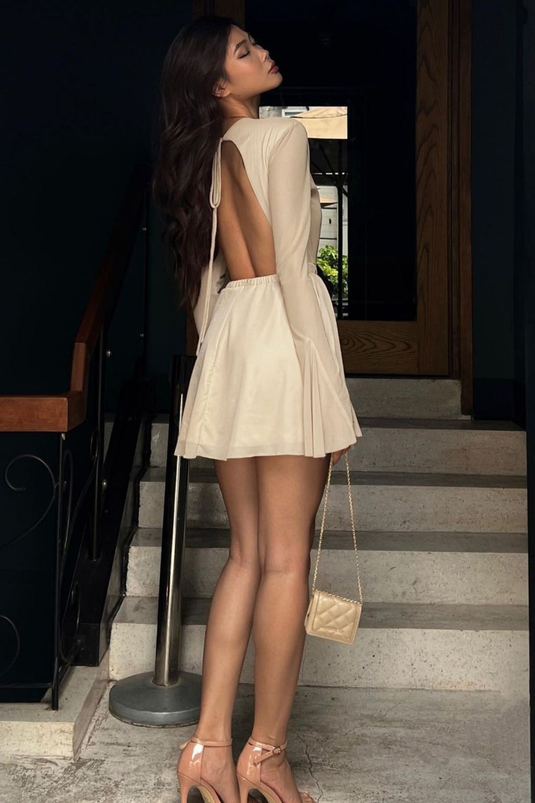 Round Neck Trumpet Long Sleeve Mesh Dress