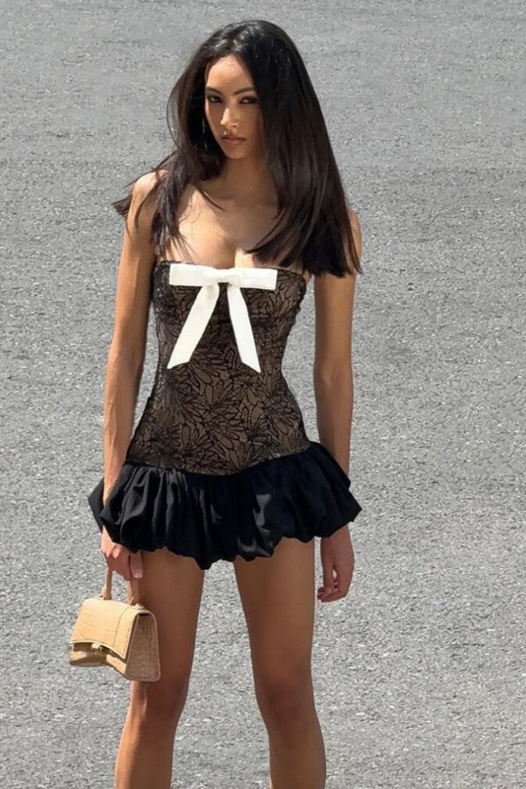 Sexy Pure Desire One-line Collar Bow Pattern Slim Tube Top Flower Bud Skirt