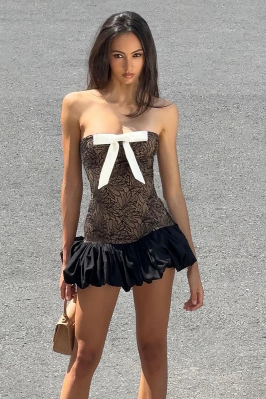 Sexy Pure Desire One-line Collar Bow Pattern Slim Tube Top Flower Bud Skirt