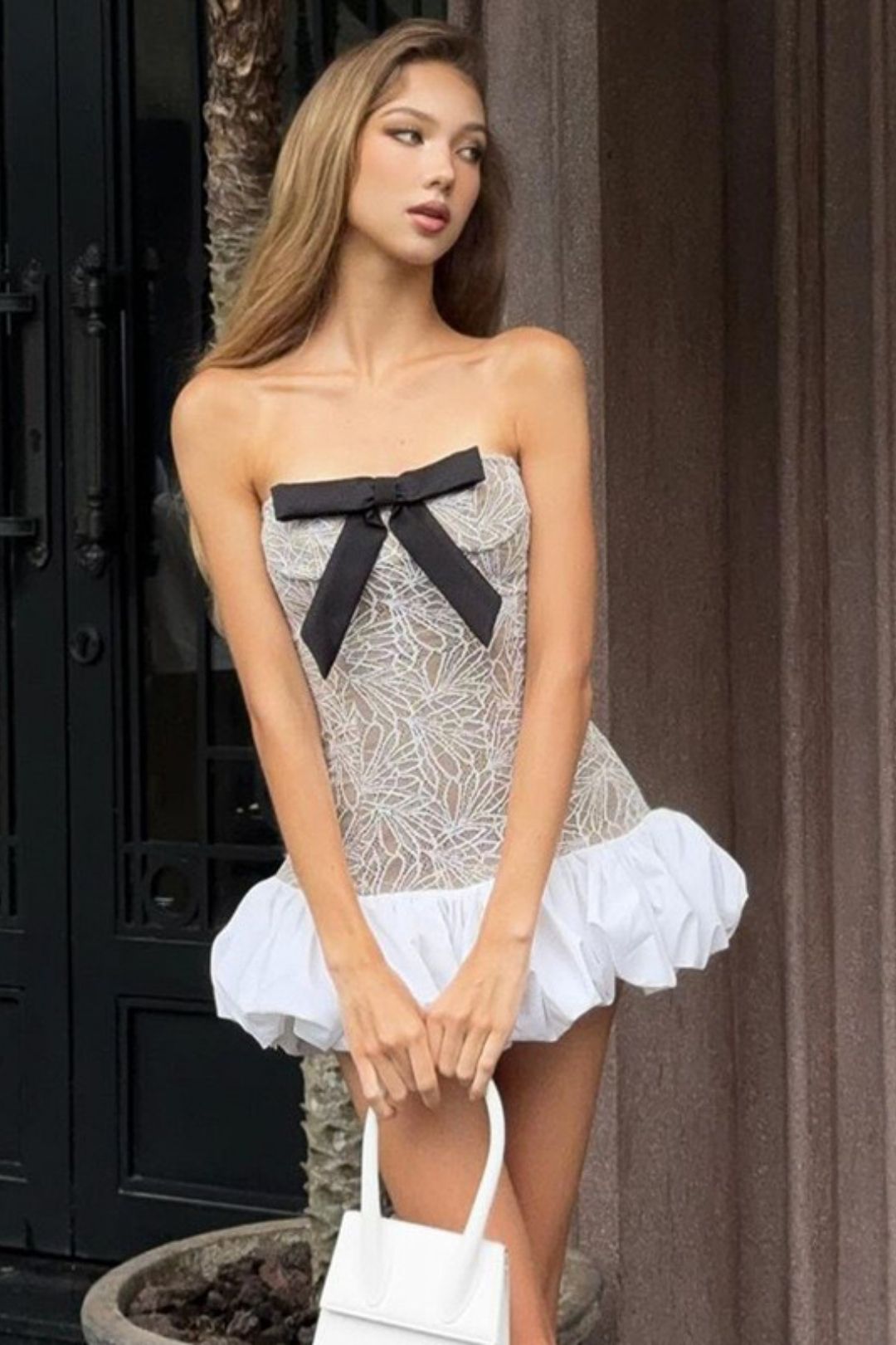 Sexy Pure Desire One-line Collar Bow Pattern Slim Tube Top Flower Bud Skirt