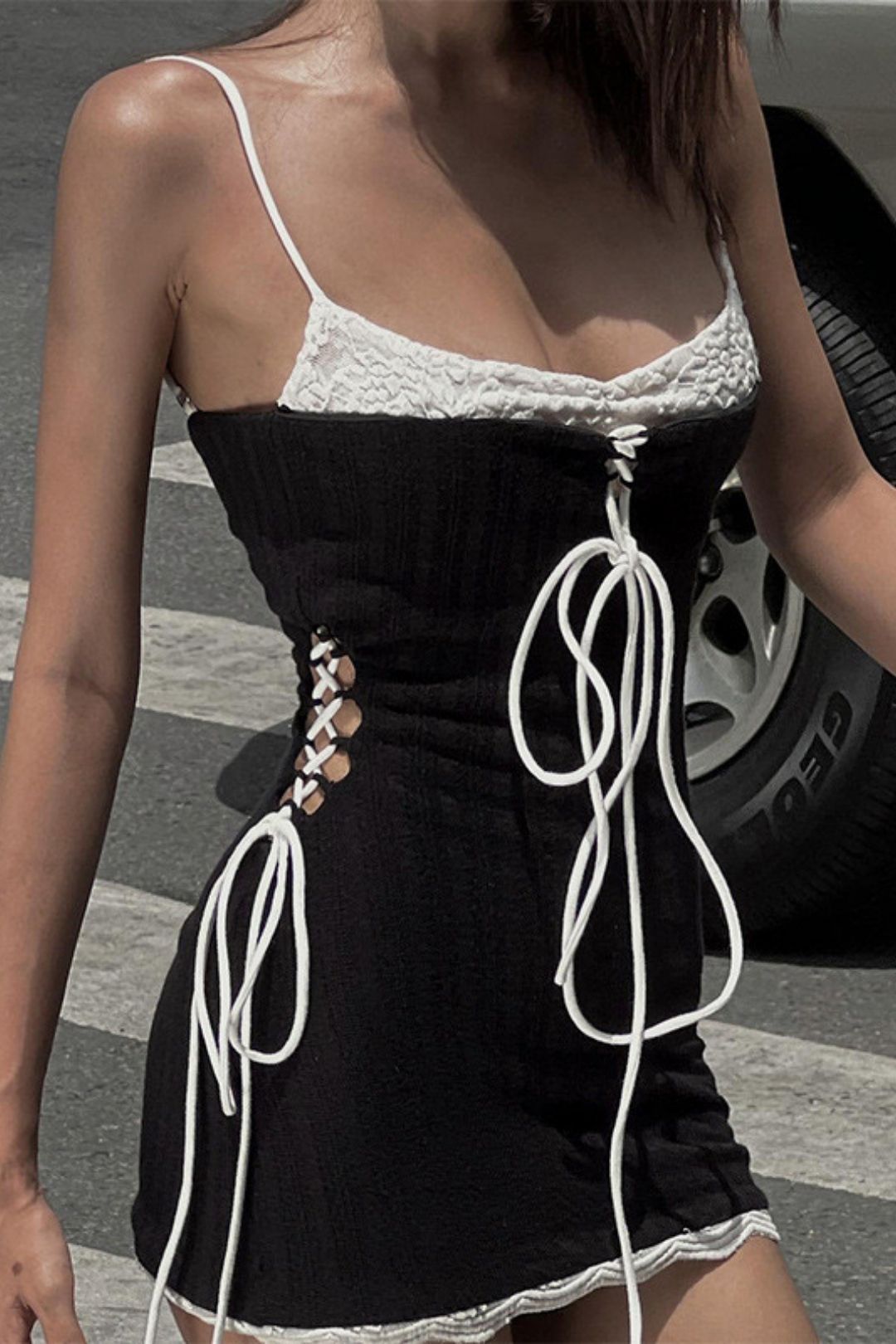 Sexy One-line Collar Tube Top Contrasting Color Side Waist Straps Slimming Suspender Dress