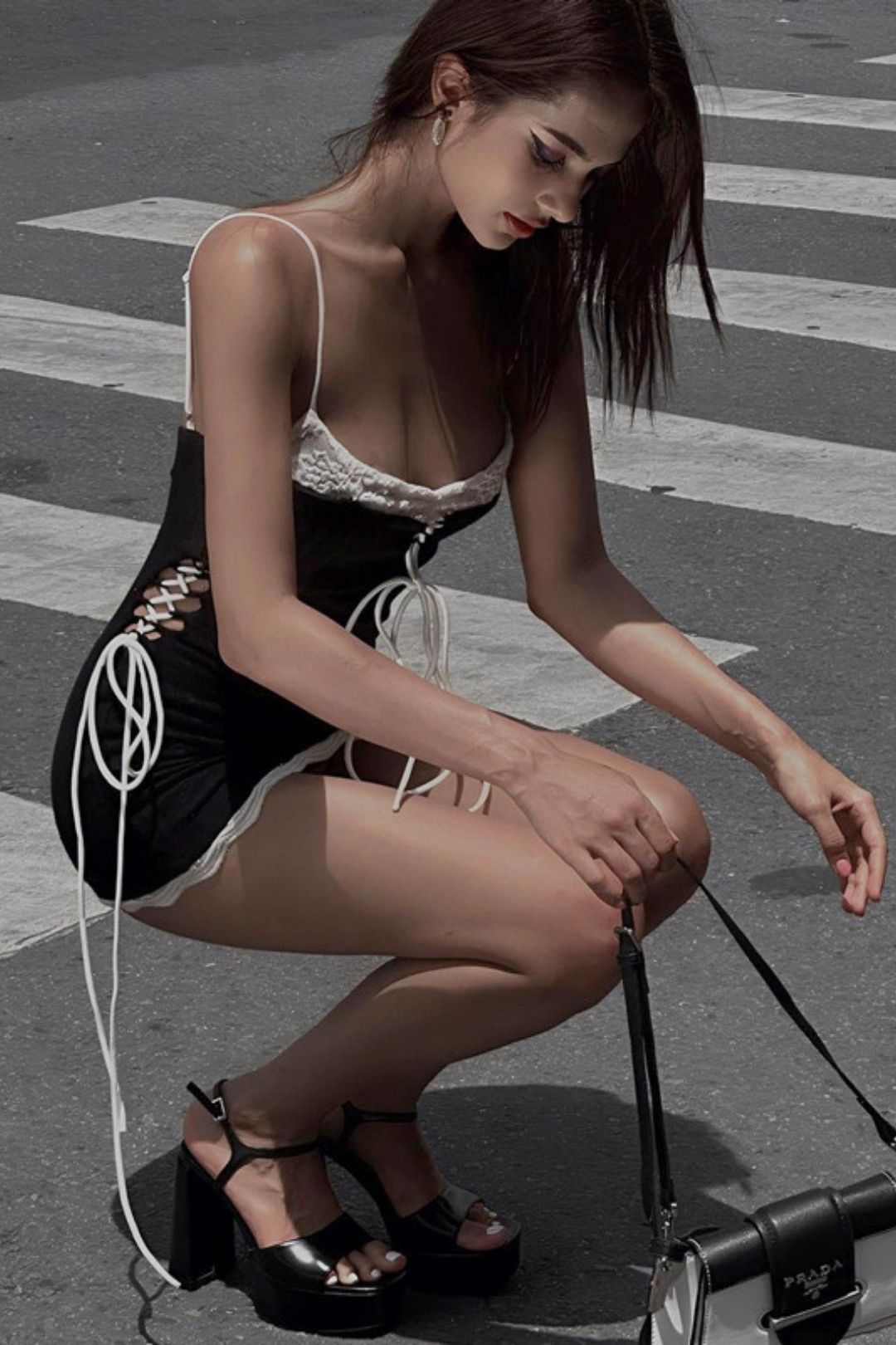 Sexy One-line Collar Tube Top Contrasting Color Side Waist Straps Slimming Suspender Dress