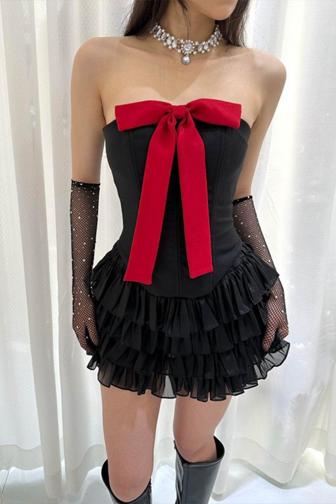 Sexy Sweet And Spicy Bow Vest Splicing Lotus Leaf Skirt Suit