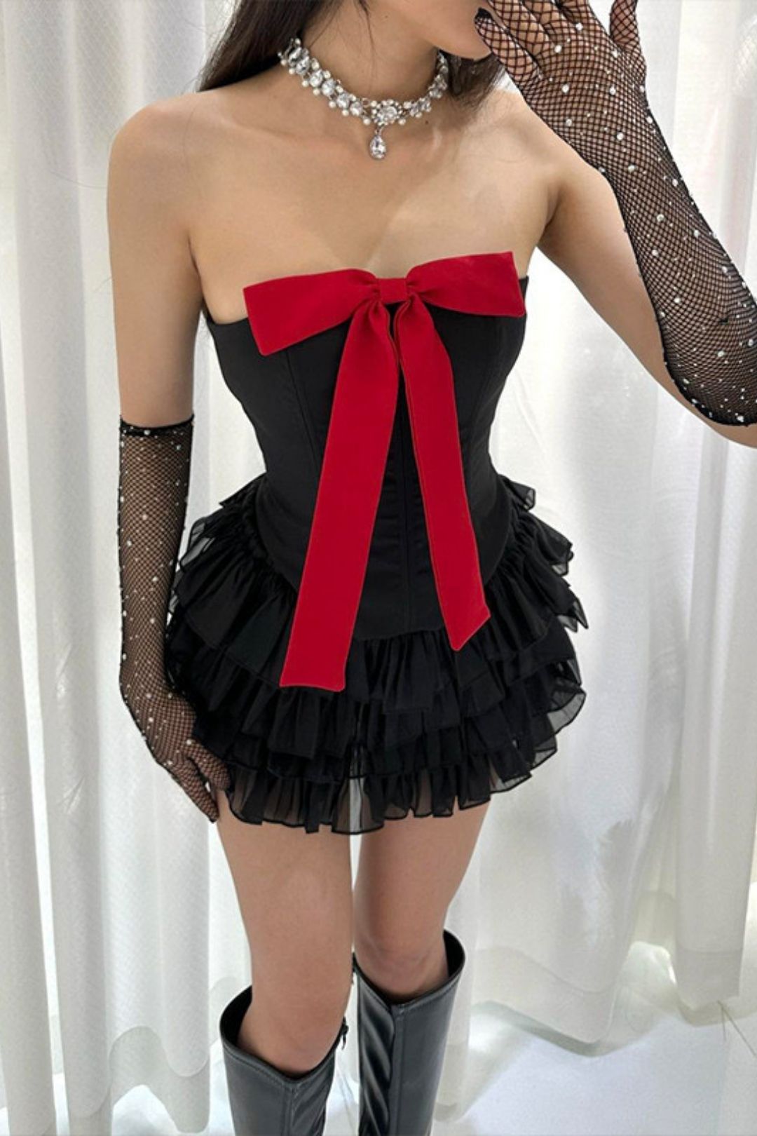 Sexy Sweet And Spicy Bow Vest Splicing Lotus Leaf Skirt Suit