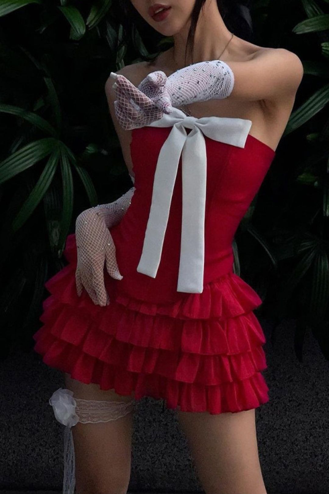 Sexy Sweet And Spicy Bow Vest Splicing Lotus Leaf Skirt Suit