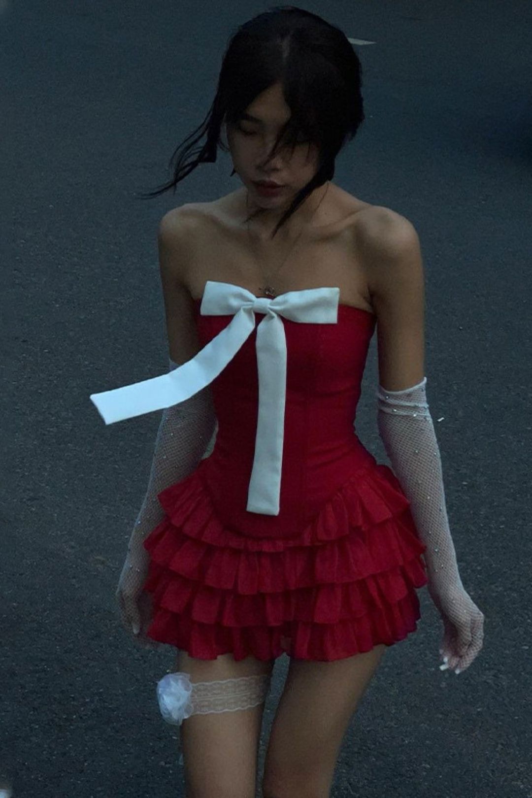 Sexy Sweet And Spicy Bow Vest Splicing Lotus Leaf Skirt Suit