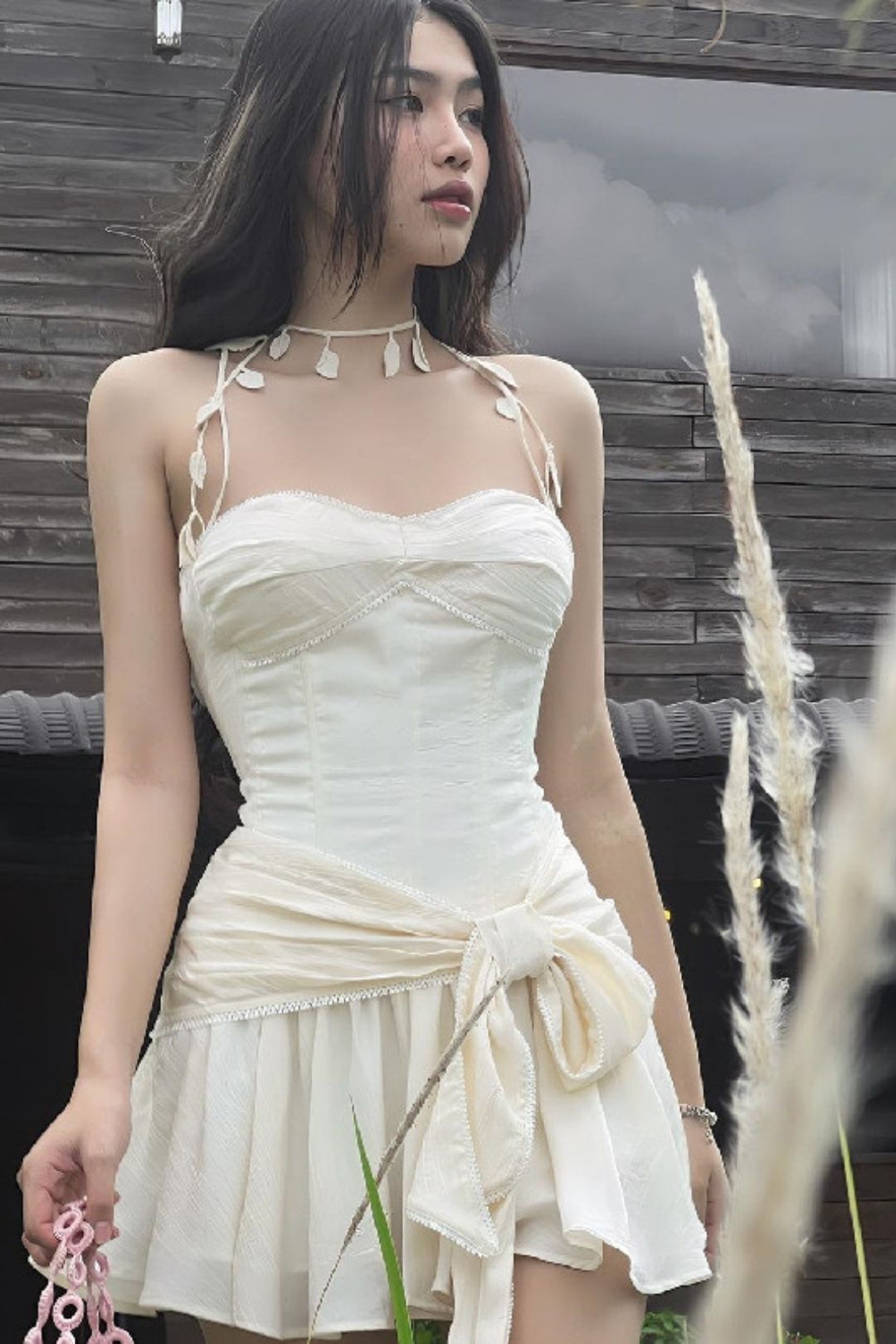 Sexy Pure Desire Tube Top, Backless Straps, Pleated Lotus Leaf Halter Neck Dress