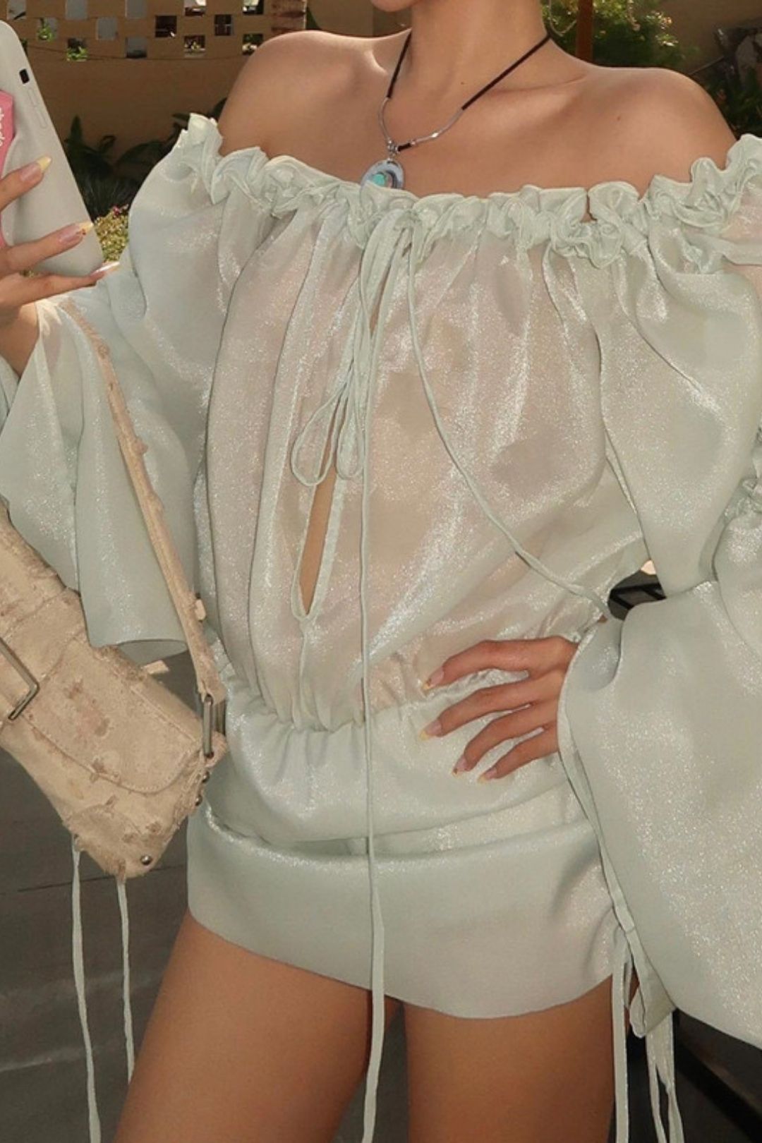 Sexy One-line Collar Pleated Tube Top Lantern Long Sleeve Hip Dress