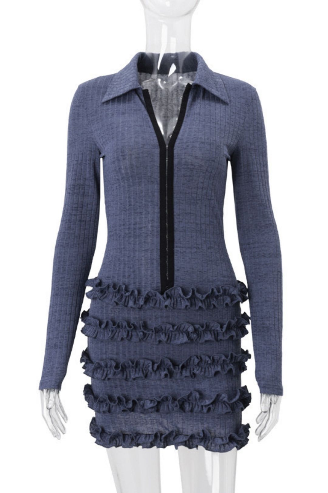 Trend Lapel Pleated Lace Long-sleeved Knitted Dress