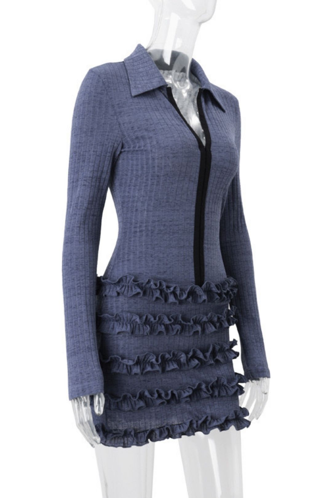 Trend Lapel Pleated Lace Long-sleeved Knitted Dress