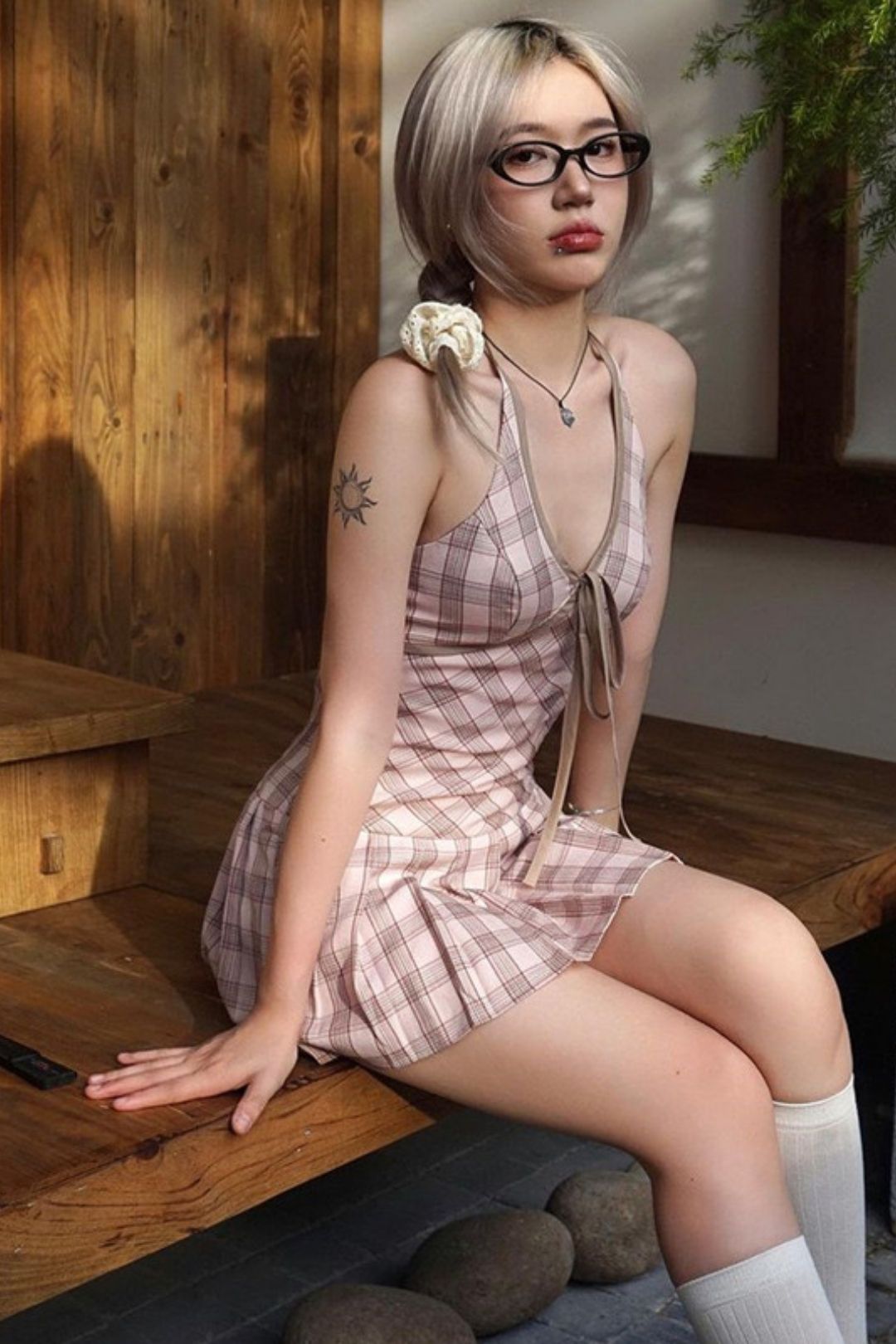 Sexy Sweet V-neck Strap Contrasting Plaid Print Halterneck Dress