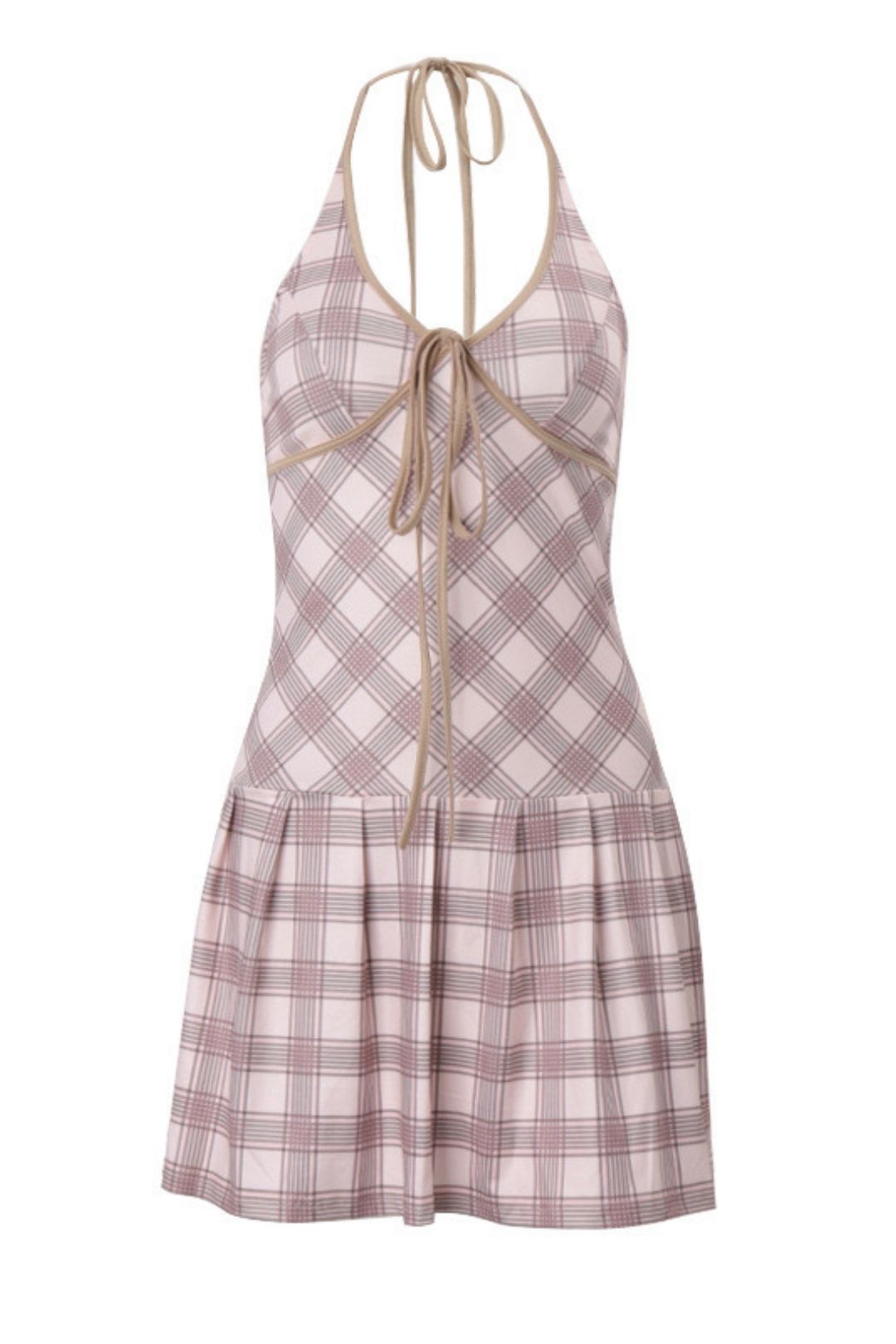 Sexy Sweet V-neck Strap Contrasting Plaid Print Halterneck Dress