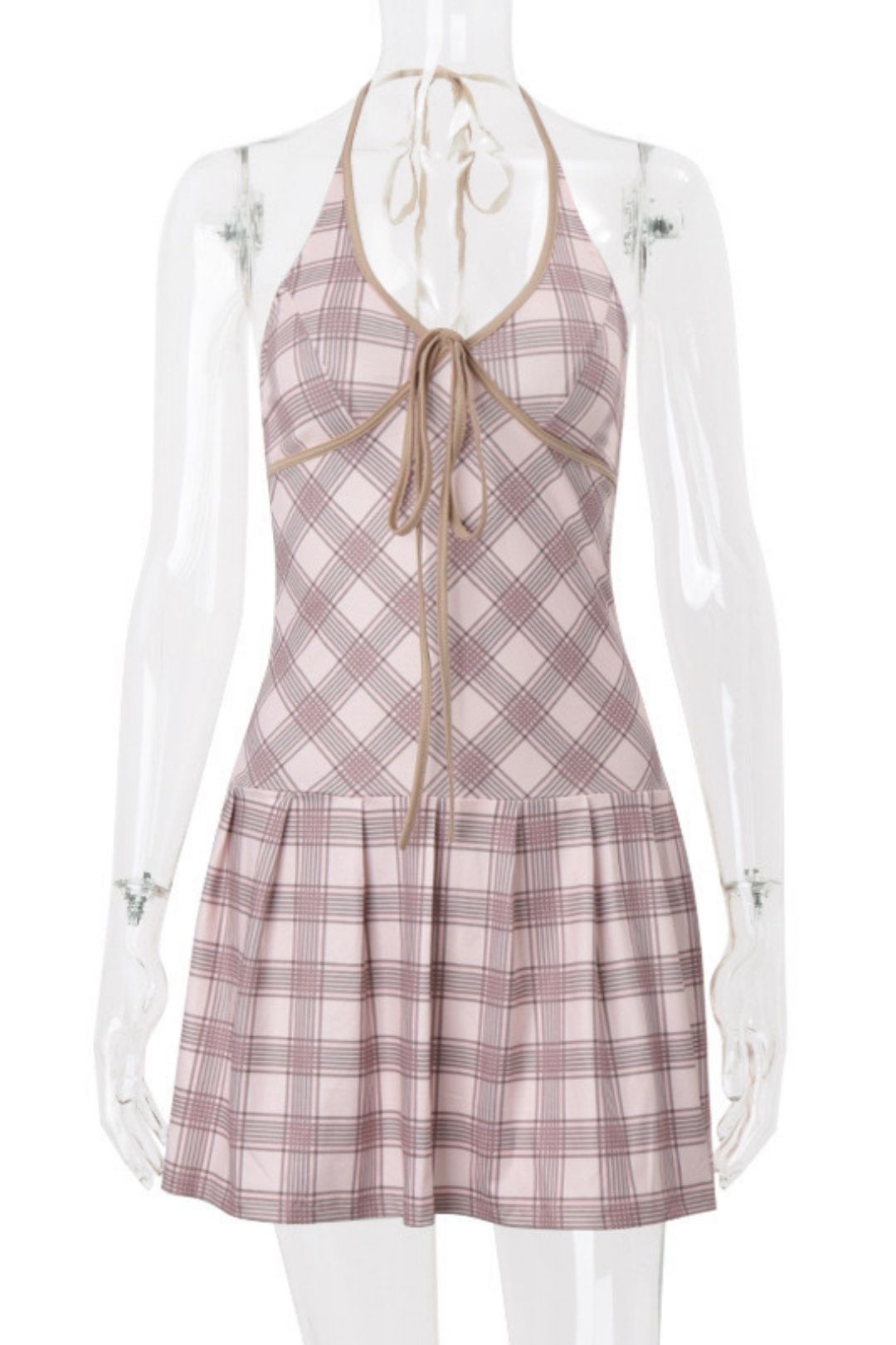 Sexy Sweet V-neck Strap Contrasting Plaid Print Halterneck Dress
