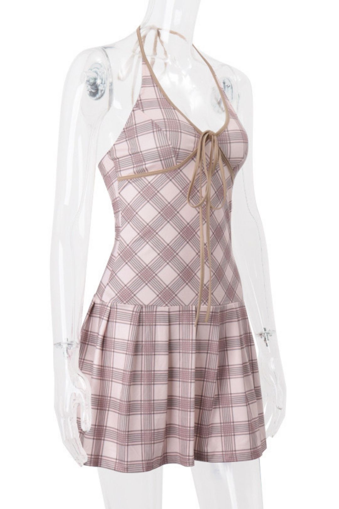 Sexy Sweet V-neck Strap Contrasting Plaid Print Halterneck Dress