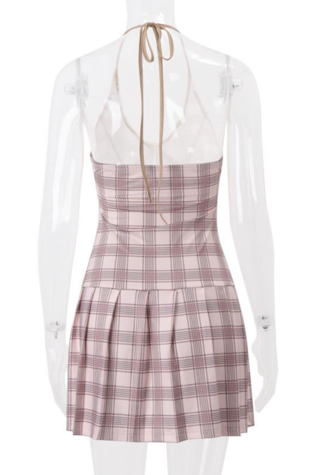 Sexy Sweet V-neck Strap Contrasting Plaid Print Halterneck Dress