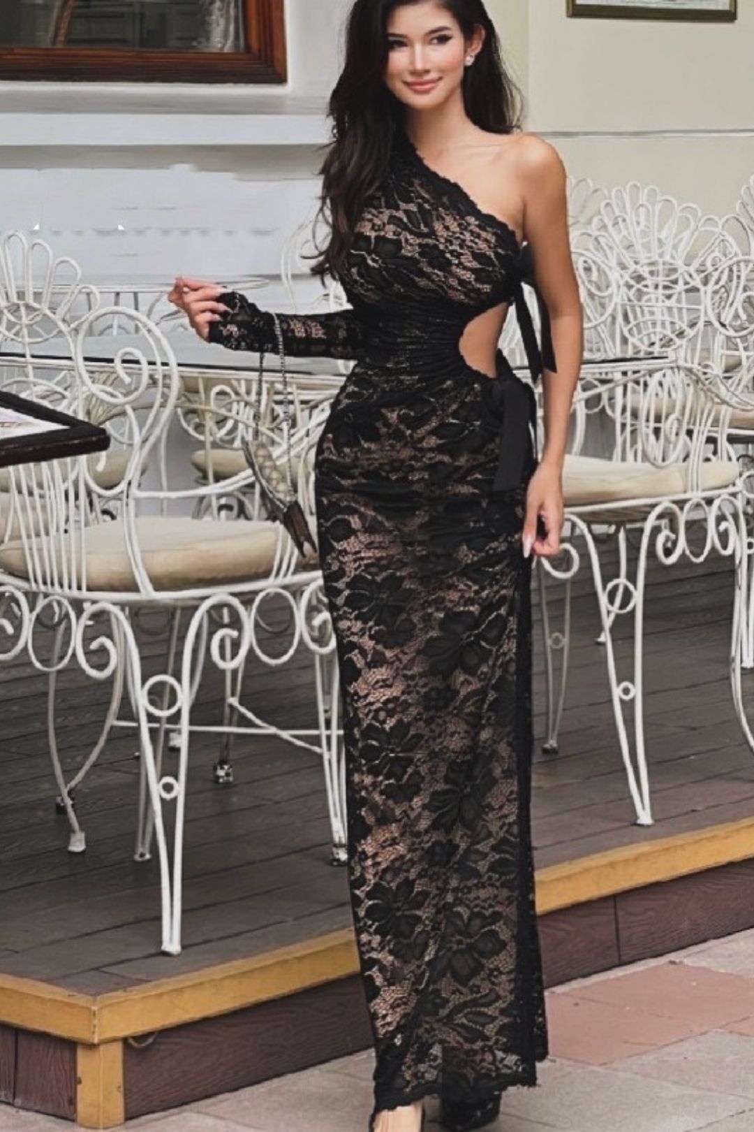 Sexy Lace Bow Hollow Long-sleeved One-shoulder Diagonal Collar Dress