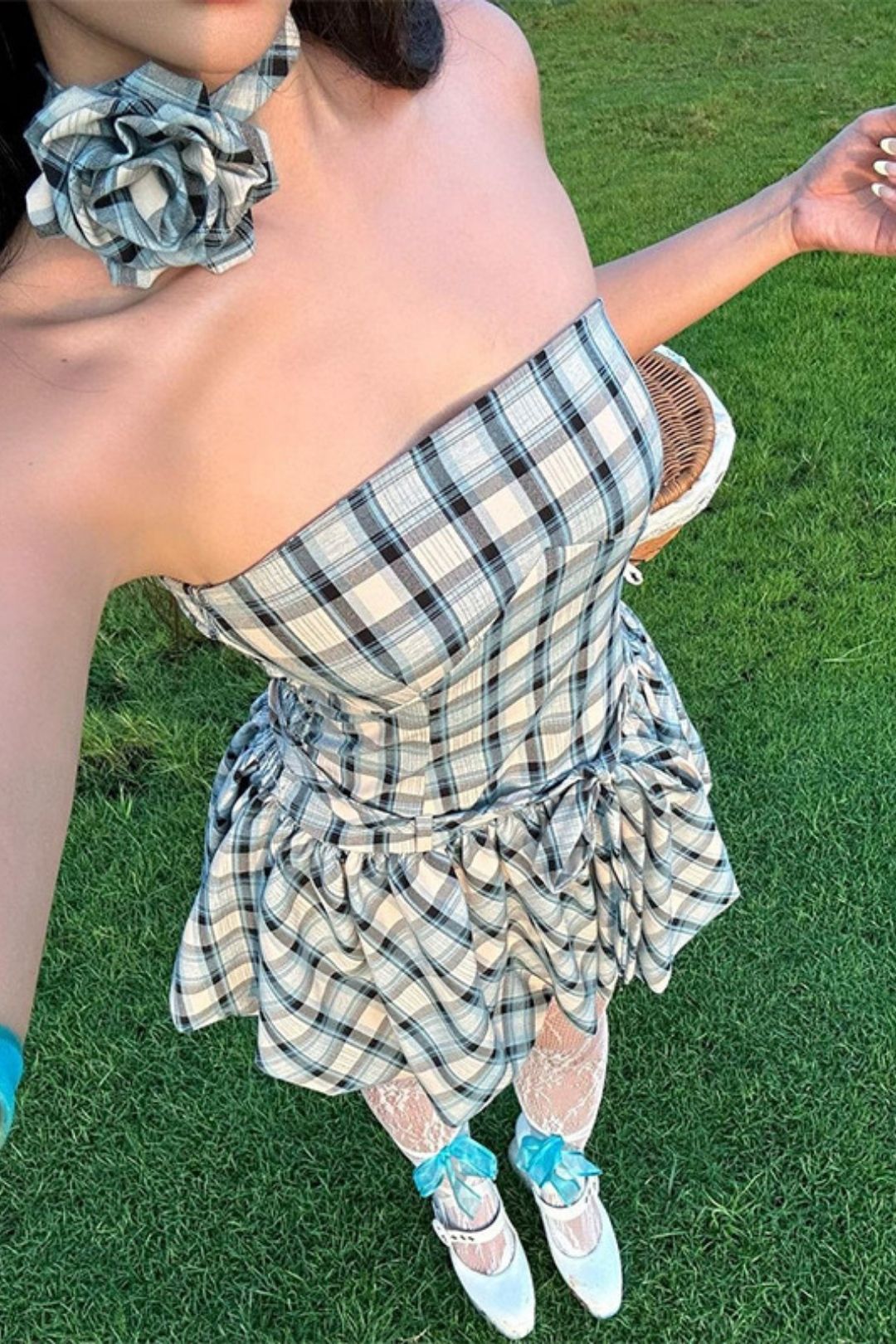 Tube Top Flower Plaid Print Strap Waist Flower Bud Skirt