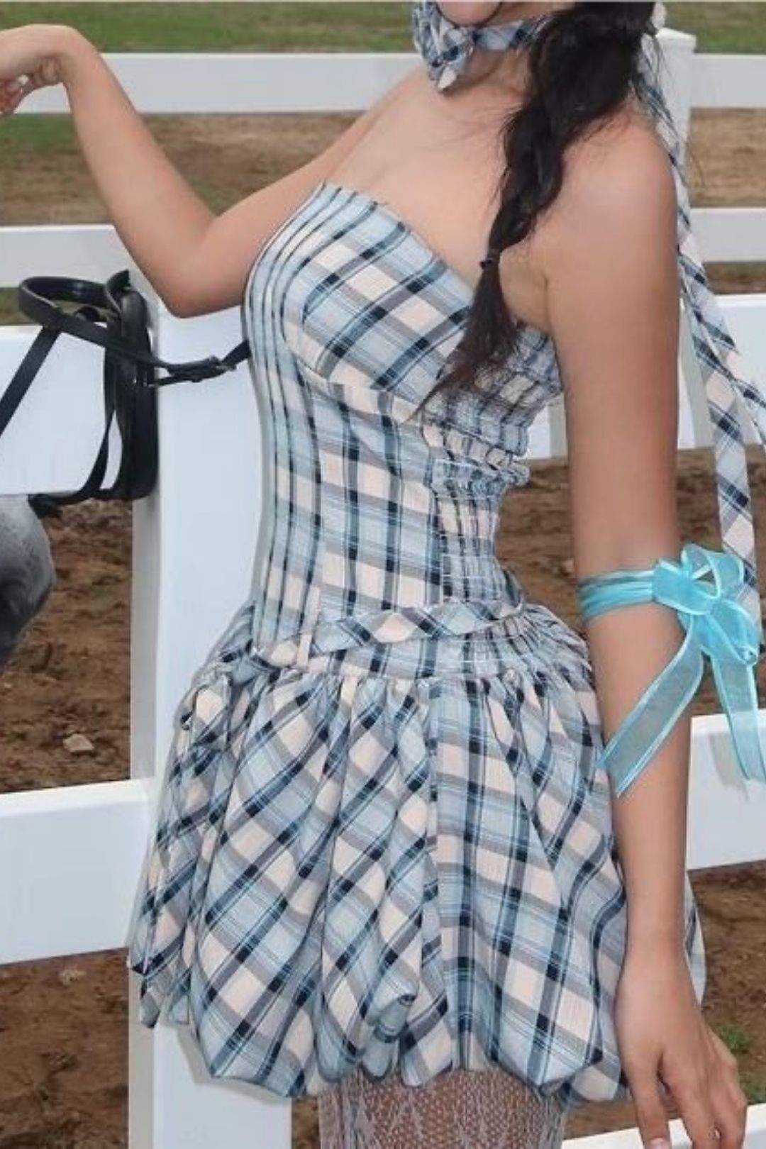 Tube Top Flower Plaid Print Strap Waist Flower Bud Skirt