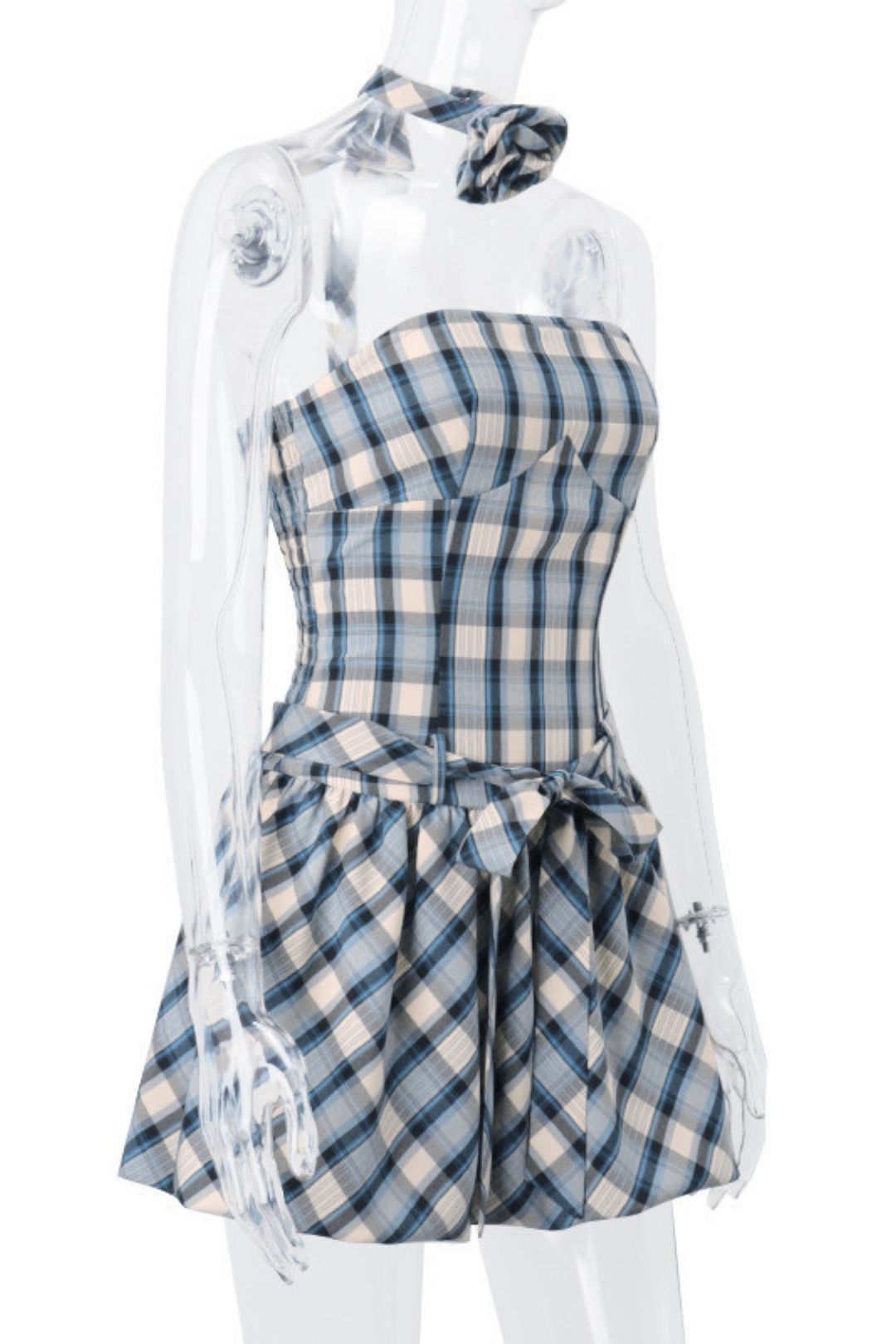 Tube Top Flower Plaid Print Strap Waist Flower Bud Skirt