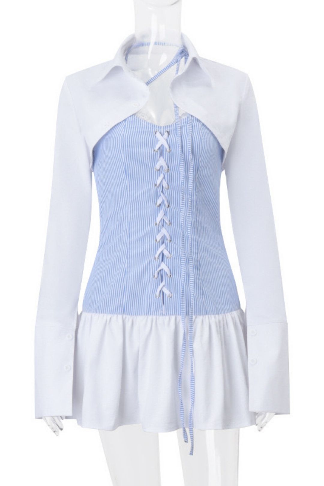 Long-sleeved Shirt Blouse Spliced ​​striped Bud Skirt Suit