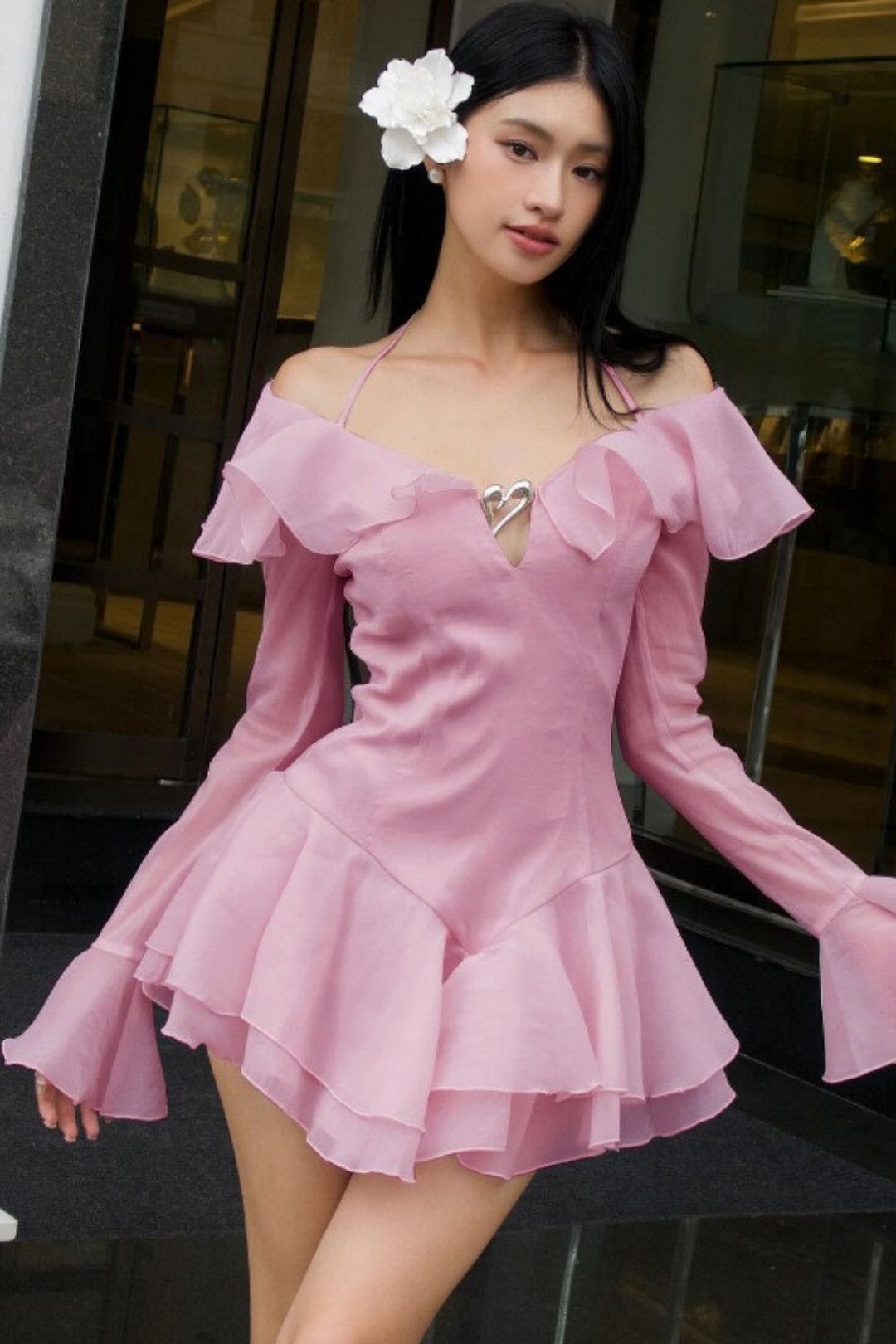 Pure One-shoulder Bell-sleeved Ruffled Halterneck Dress