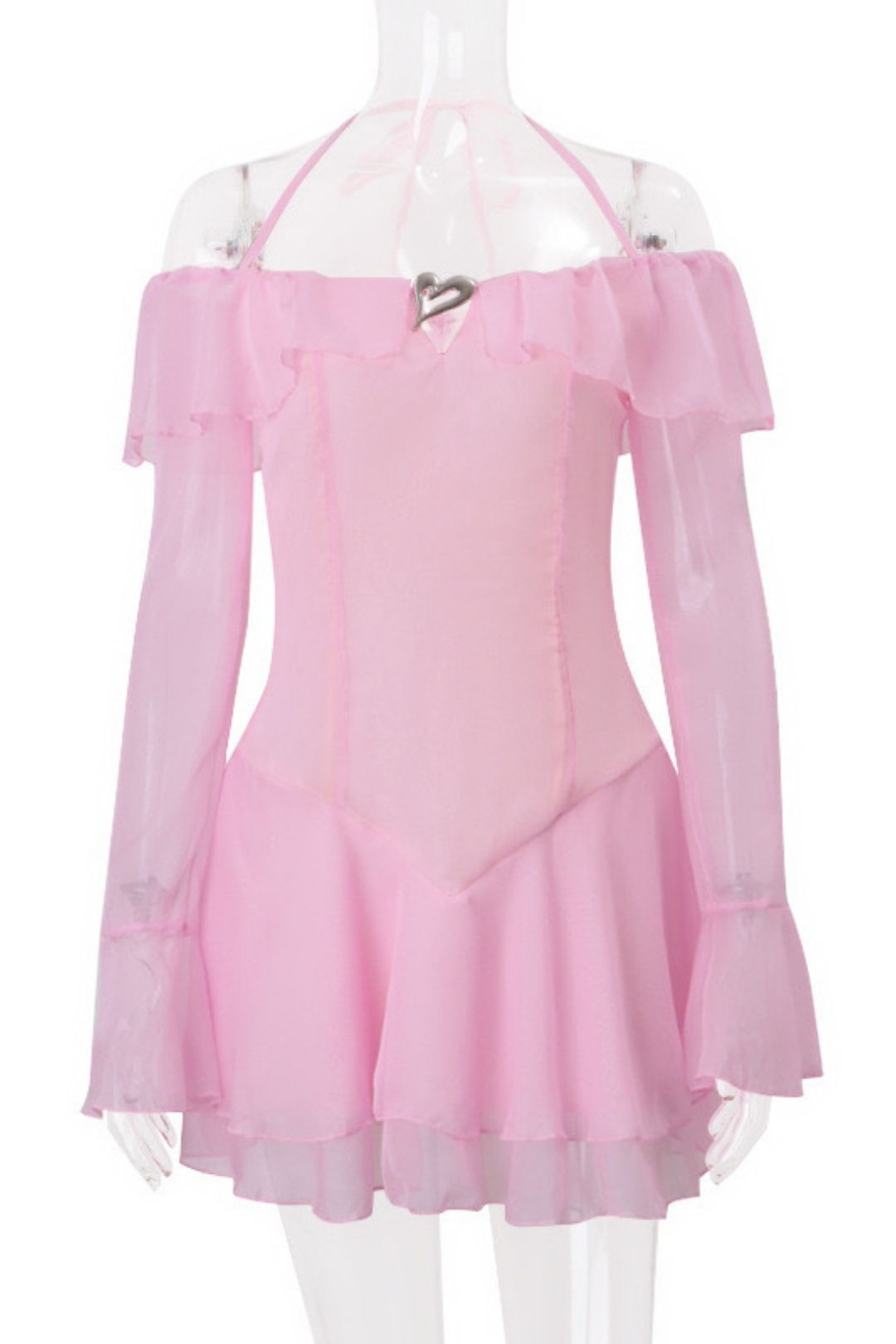 Pure One-shoulder Bell-sleeved Ruffled Halterneck Dress