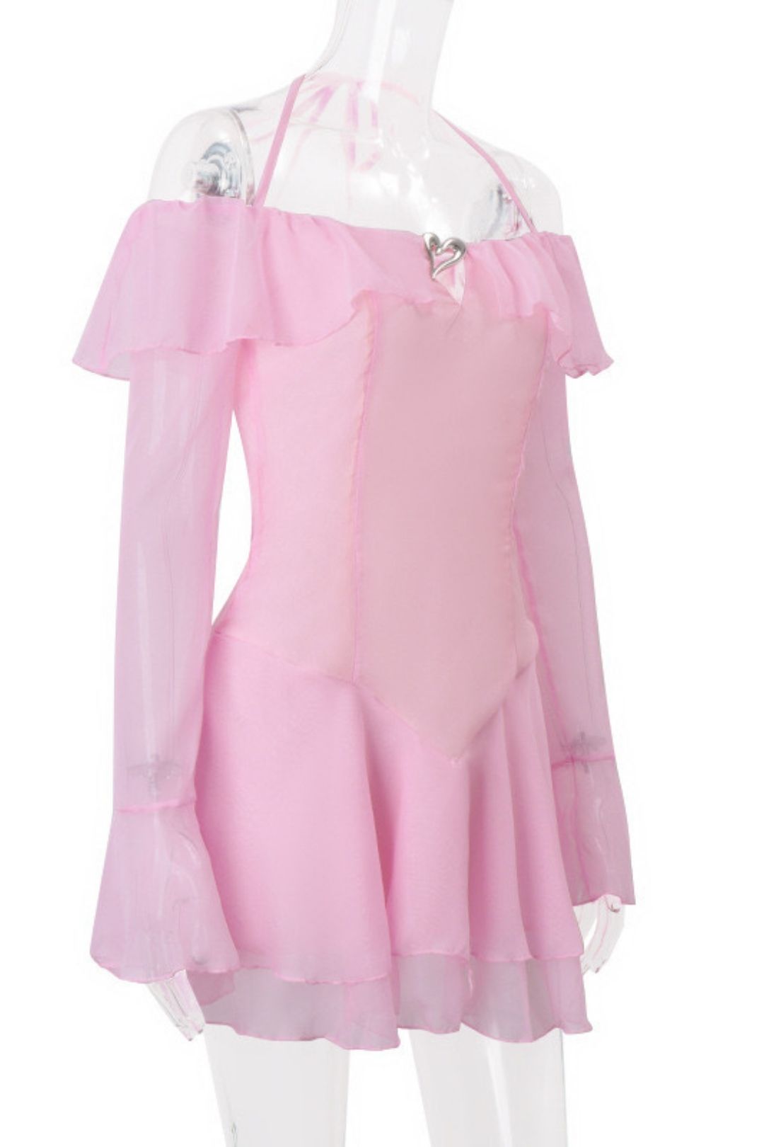 Pure One-shoulder Bell-sleeved Ruffled Halterneck Dress