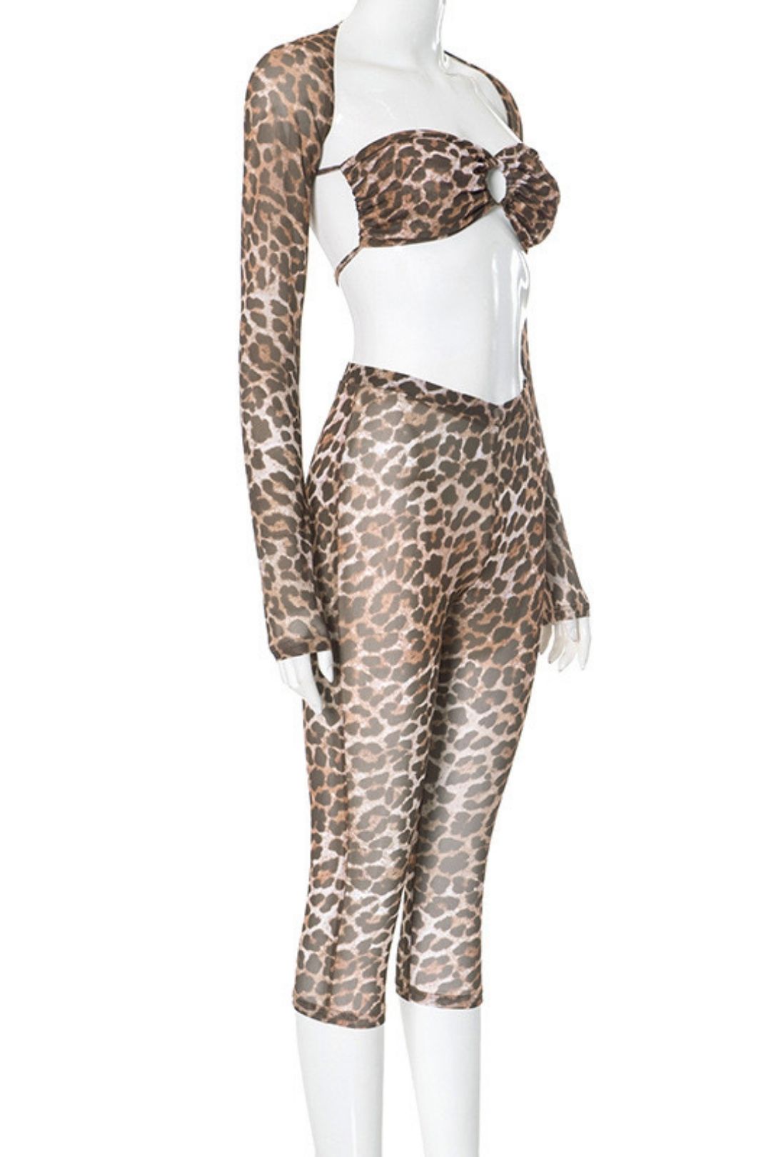 Leopard Print Mesh Print Long-sleeved Shawl See-through Sexy Suit